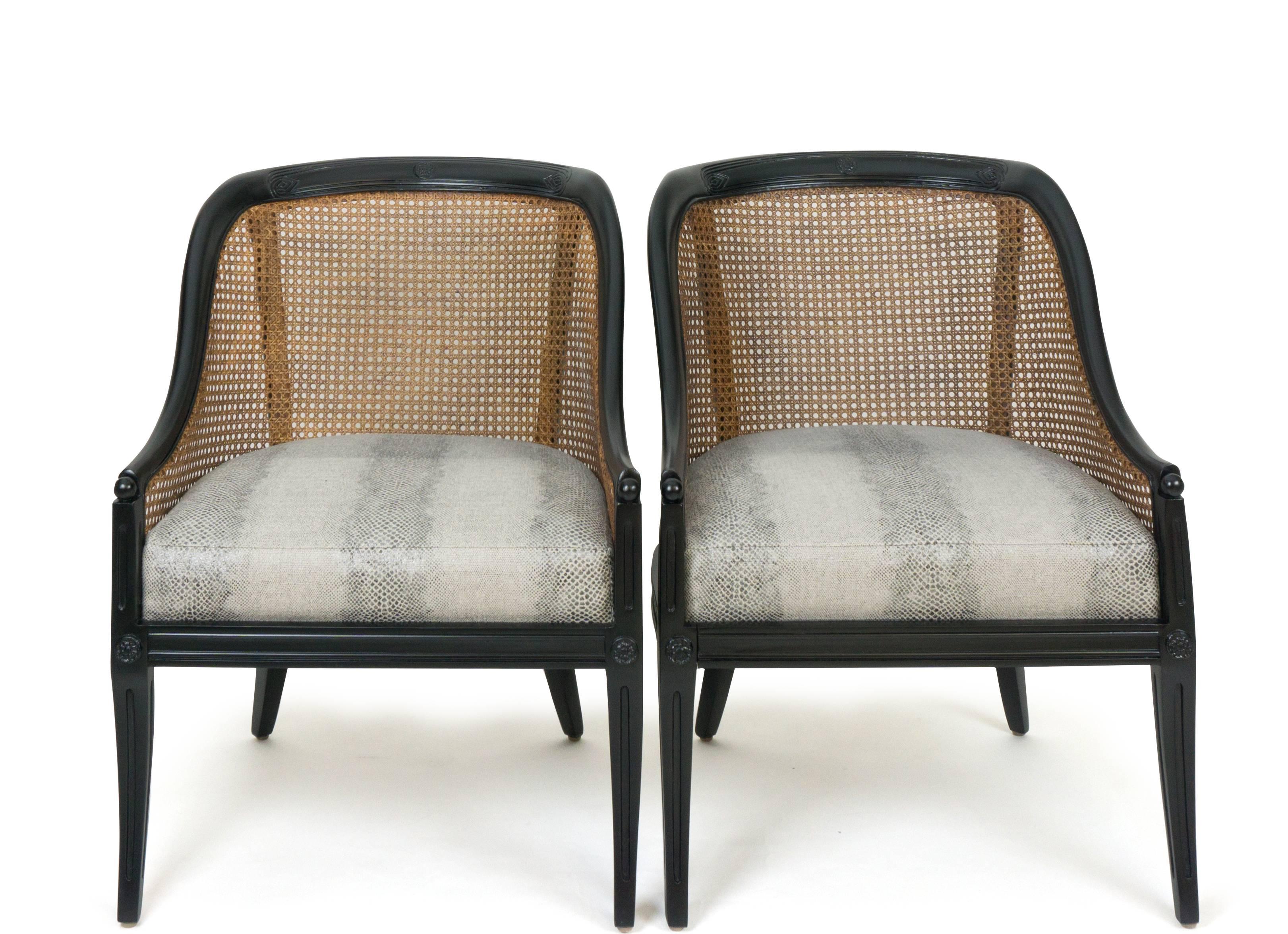American Vintage Regency Caned Black Gondola Chairs with Faux Snakeskin