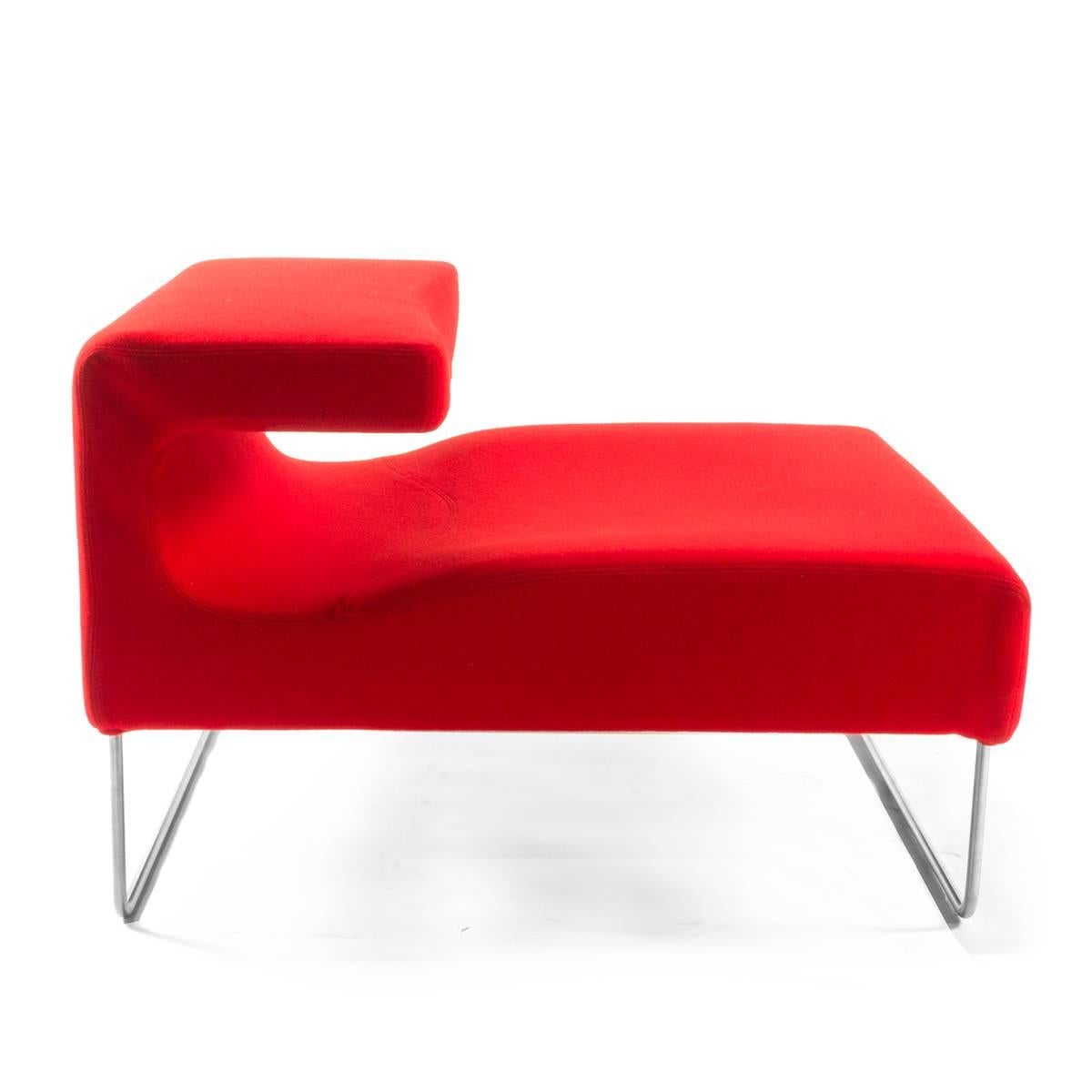A chair, a chaise longue and a corner element form an extremely versatile modular seating system. Free standing, independent, seats which have also been conceived to be used a single piece. Each element, used in combination with others, gives rise