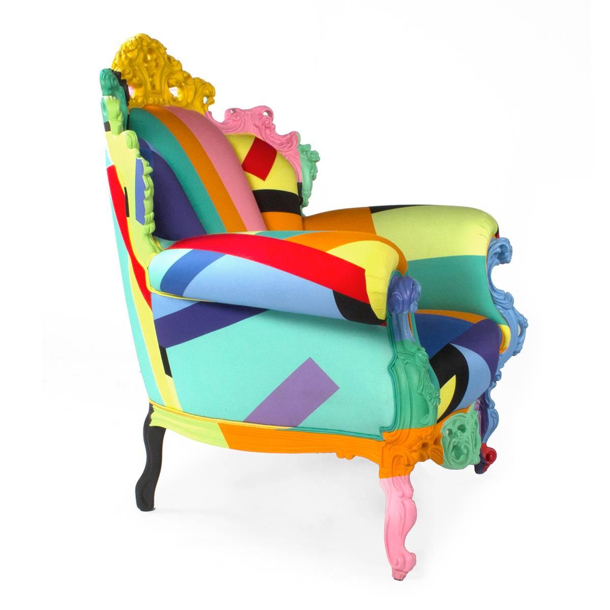 Armchair with wooden frame, upholstered with a new multi-color fabric designed by Alessandro Mendini. Created in 1978 for the Palazzo dei Diamanti in Ferrara, Proust was immediately recognized as an icon of 20th century design and revered as one of