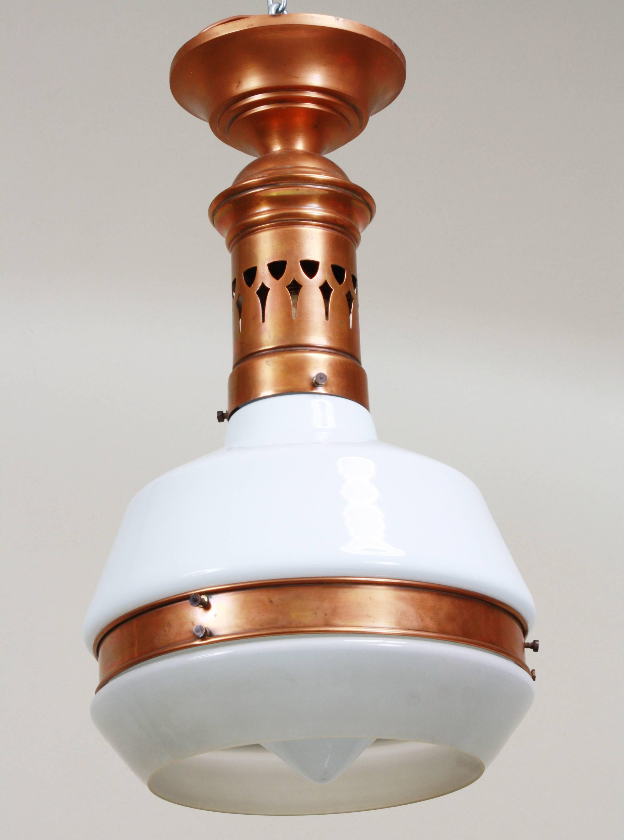 Early 20th Century Beautiful Red Copper Pendant Lamp With Opaline Glass 