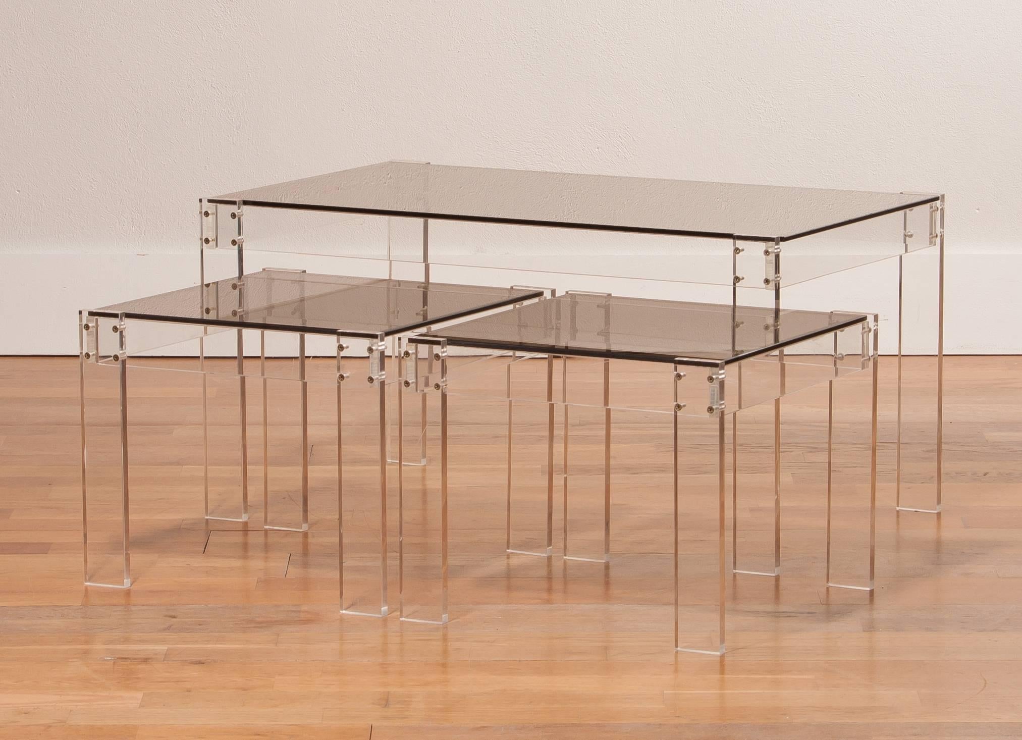 Smoked Glass 1970s, Italian Perspex And Fume Glas Set of Nesting Tables