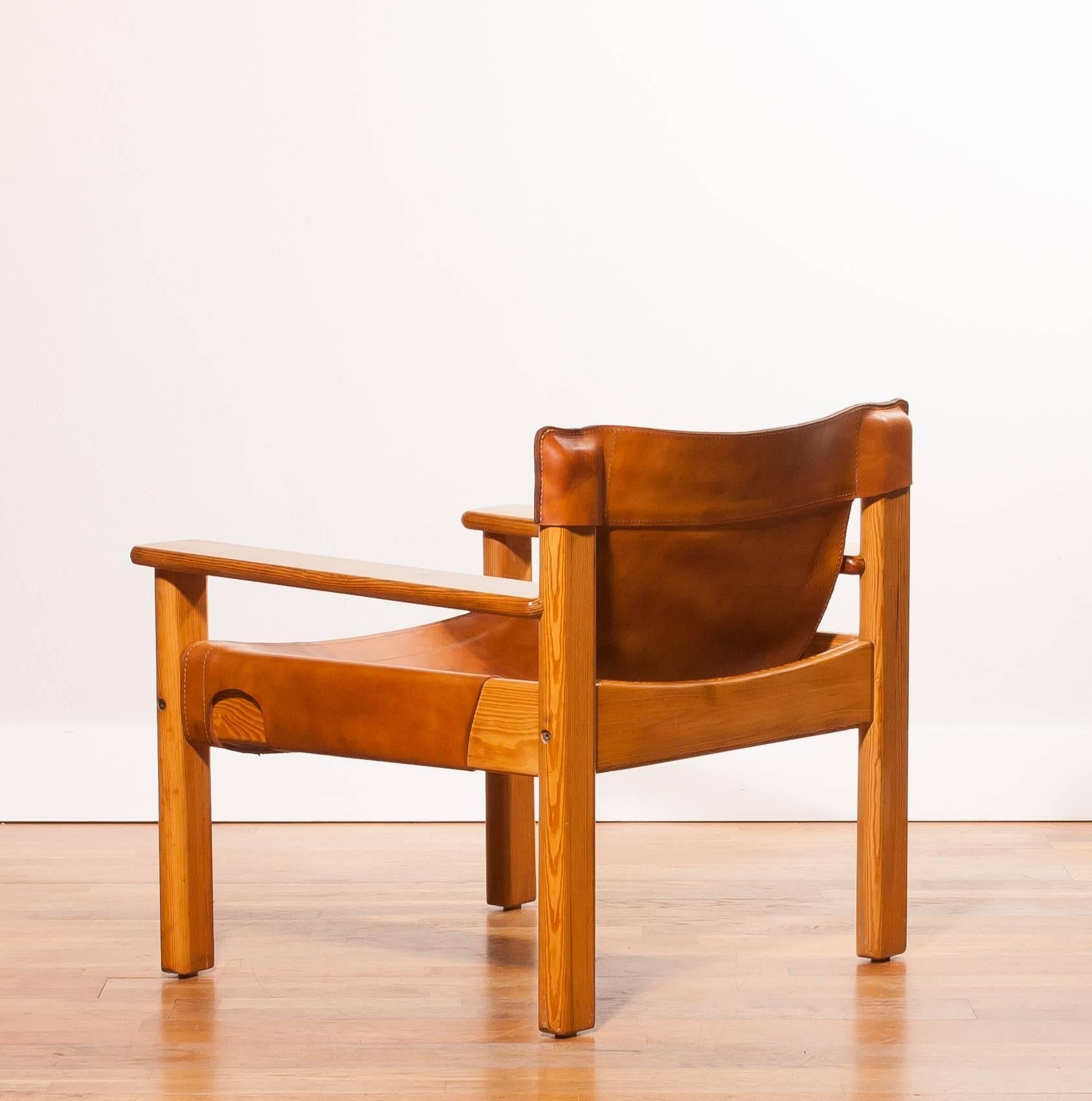 Swedish 1970s, Beautiful 'Natura' Saddle leather and pine Chair by Karin Mobring