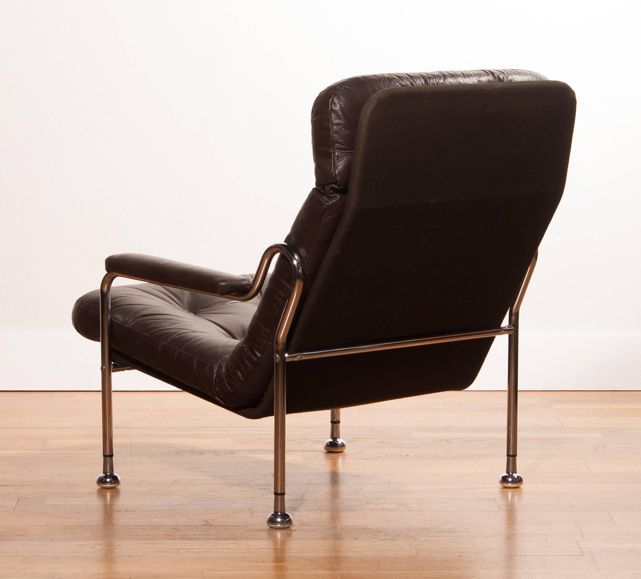 1970s, a Pair of Leather with Tubular Chrome Steel Lounge Chairs , Sweden 1