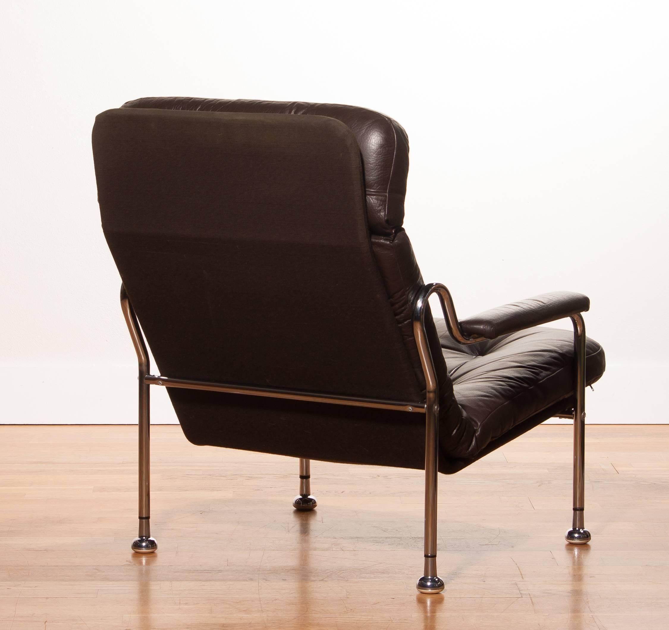 1970s, a Pair of Leather with Tubular Chrome Steel Lounge Chairs , Sweden 3