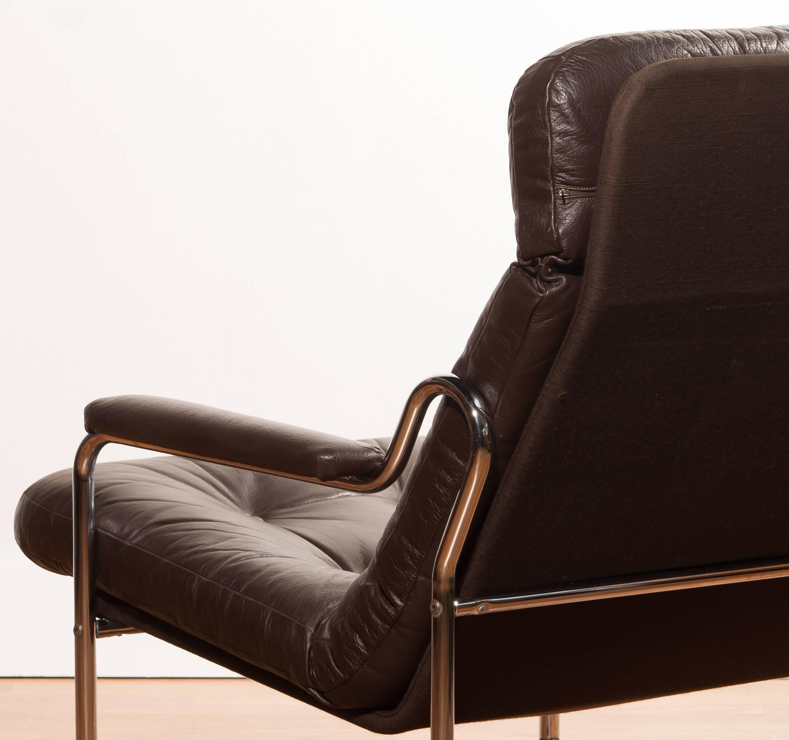 1970s, a Pair of Leather with Tubular Chrome Steel Lounge Chairs , Sweden 2