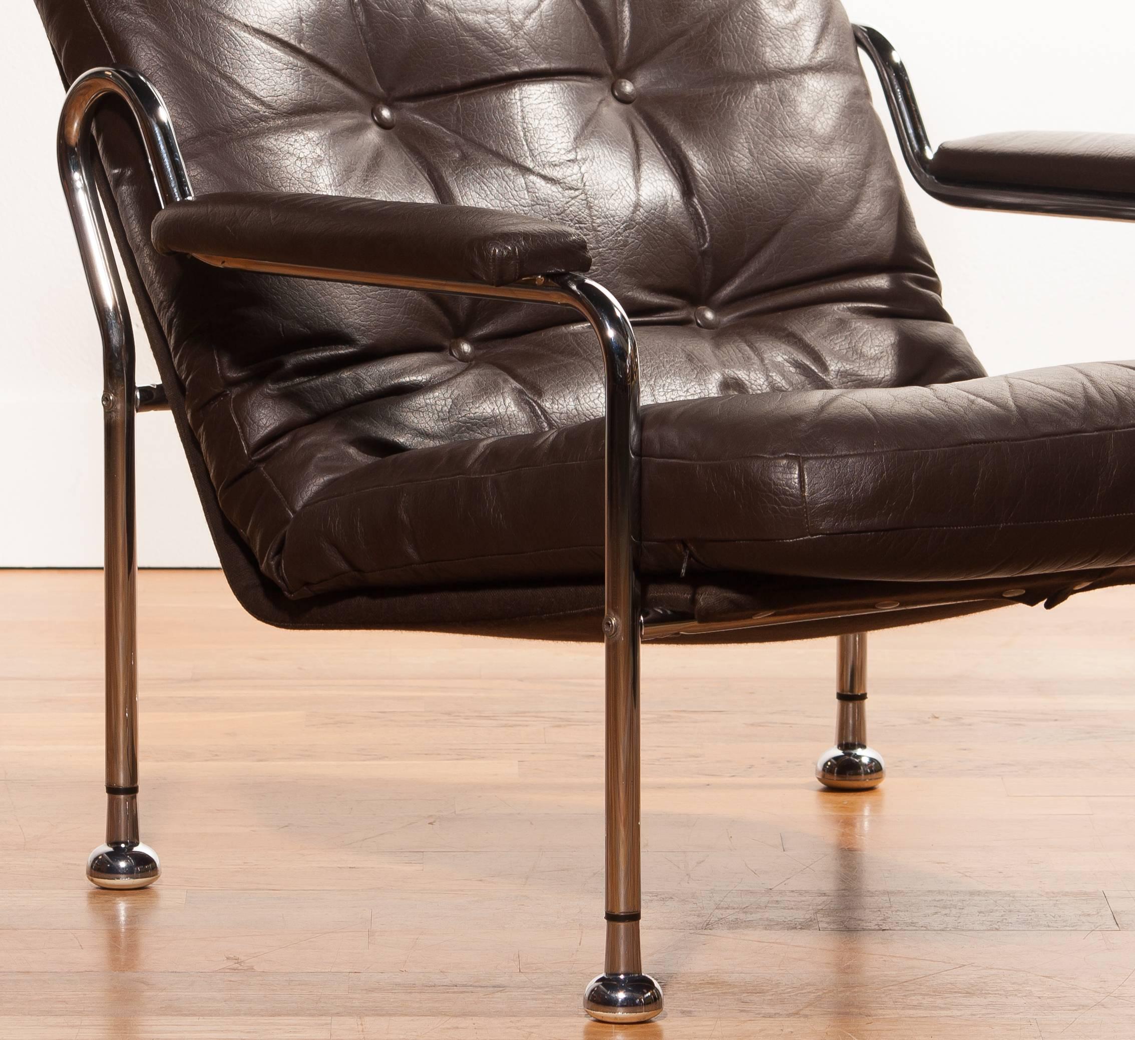 Late 20th Century 1970s, a Pair of Leather with Tubular Chrome Steel Lounge Chairs , Sweden