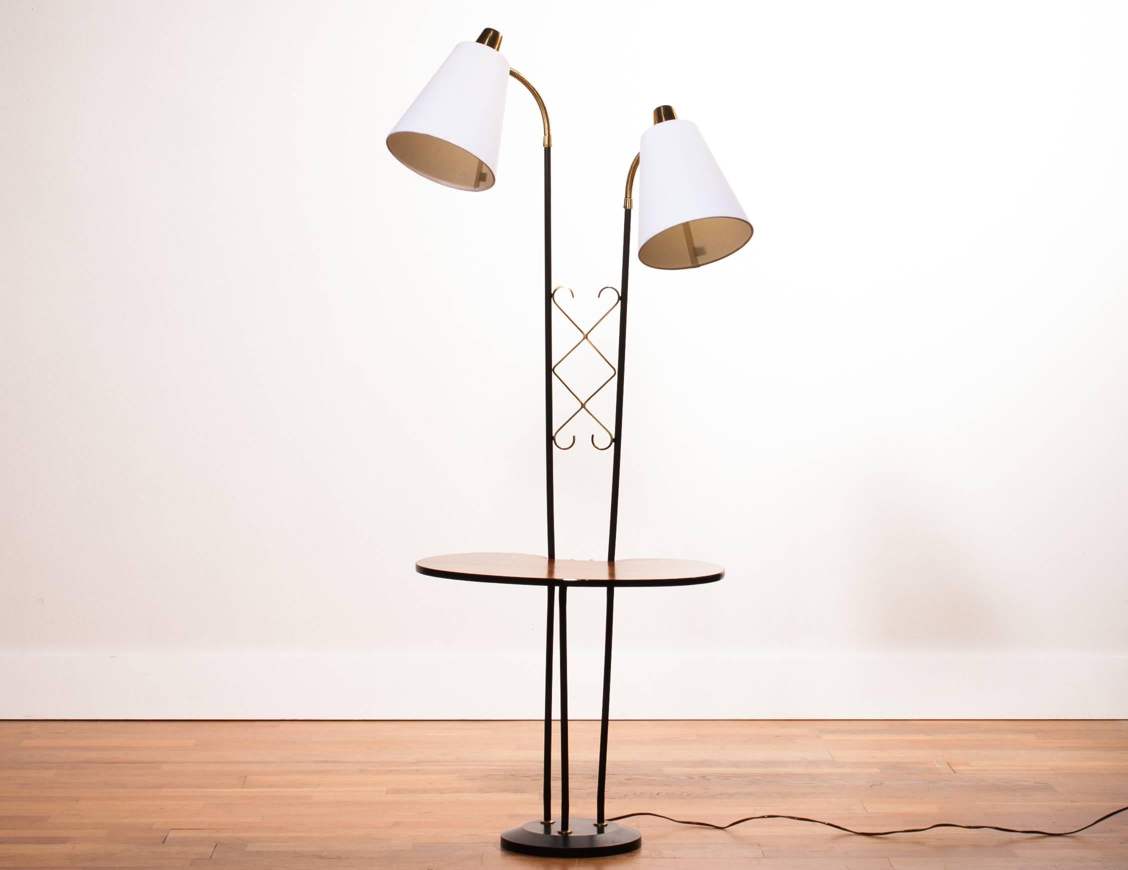 Swedish 1950s, Two Lights Floor Lamp with Teak Table