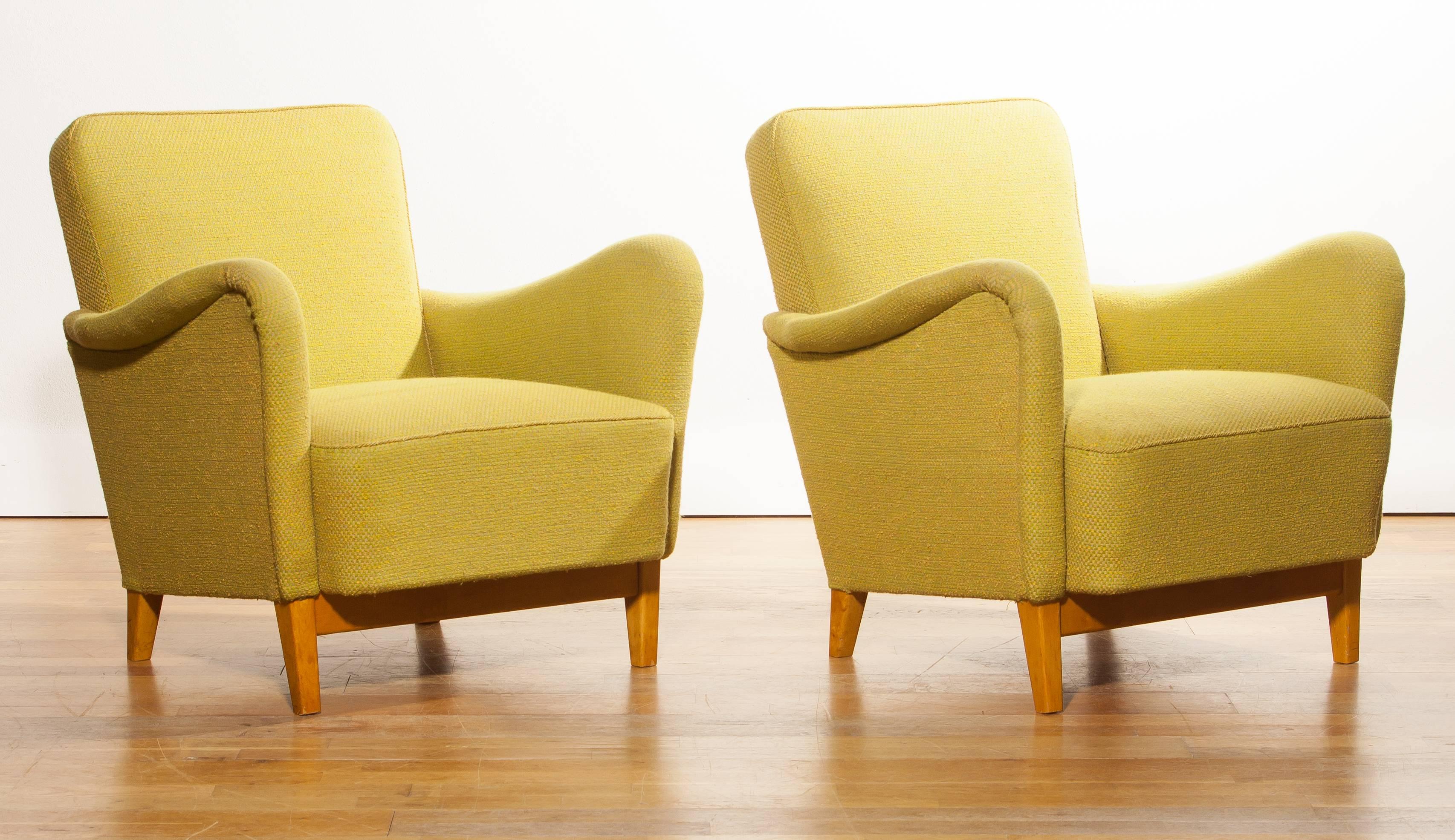 Fabric 1940s a Pair Lounge Chairs by Carl Malmsten for DUX