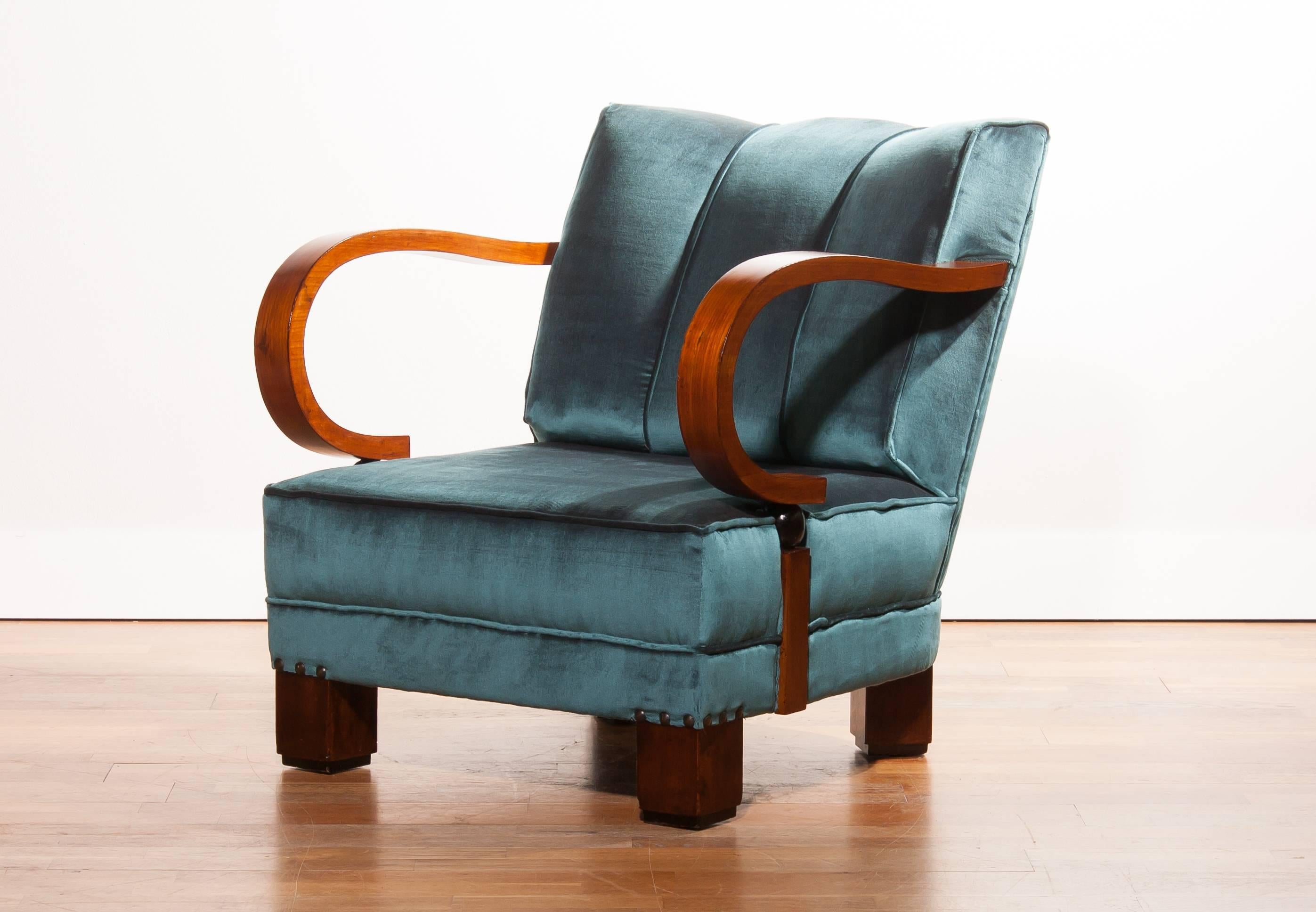 1920s, Art Deco Blue Velvet Club Chair 1