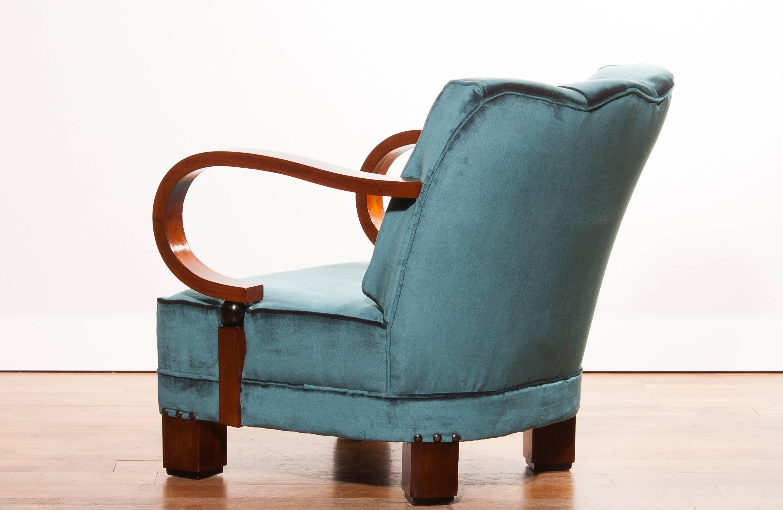 Early 20th Century 1920s, Art Deco Blue Velvet Club Chair