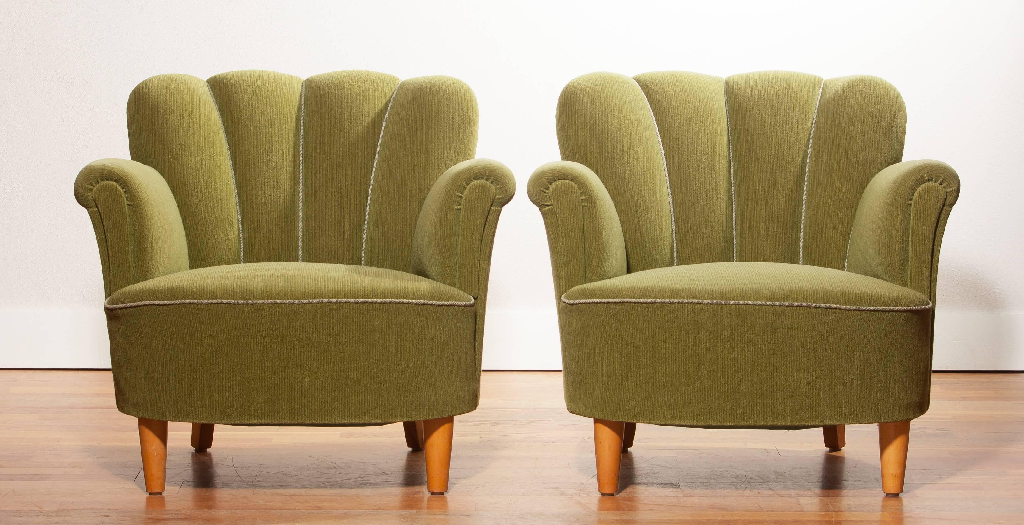Mid-20th Century 1940s, Swedish Set of Green Club Chairs