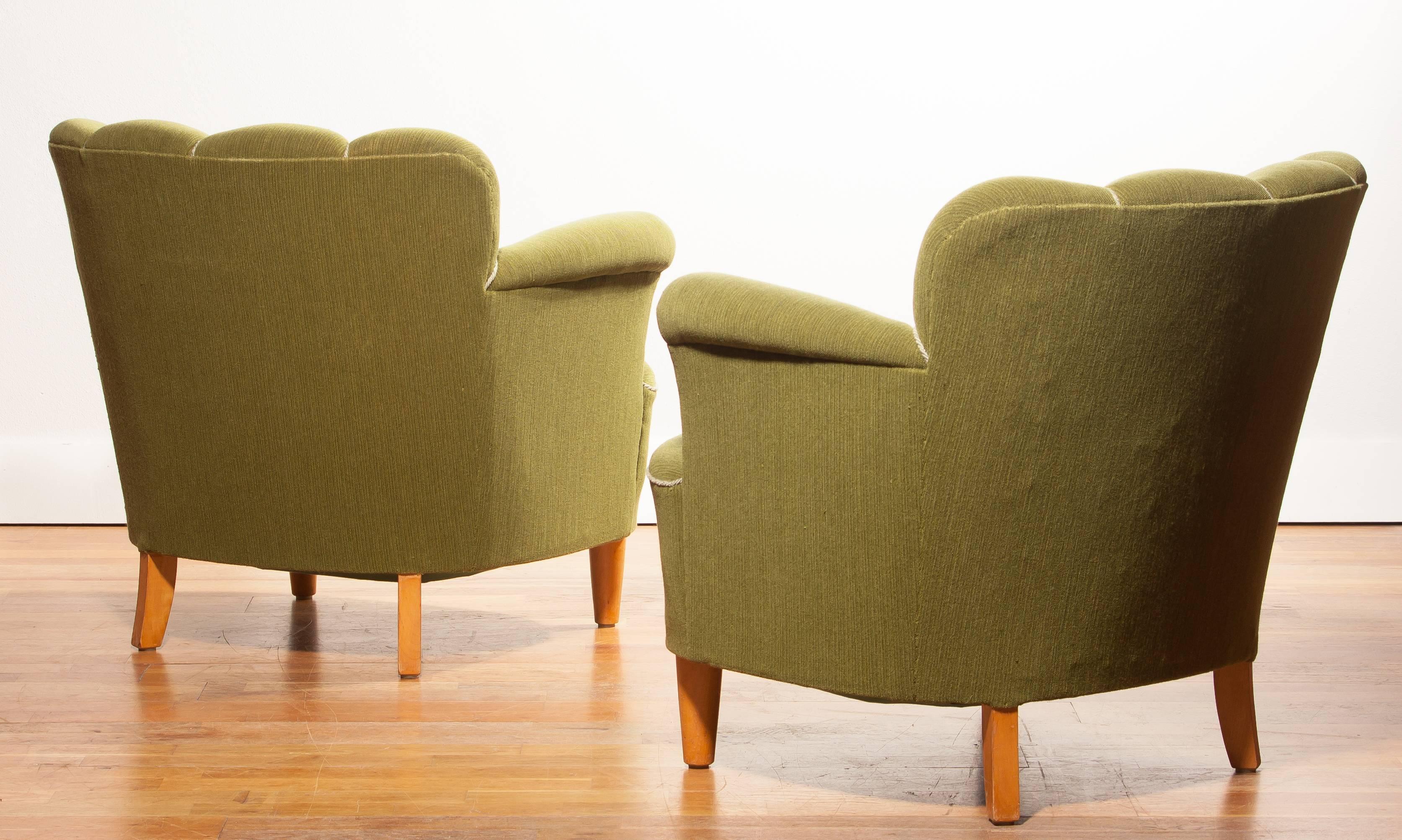 Beech 1940s, Swedish Set of Green Club Chairs