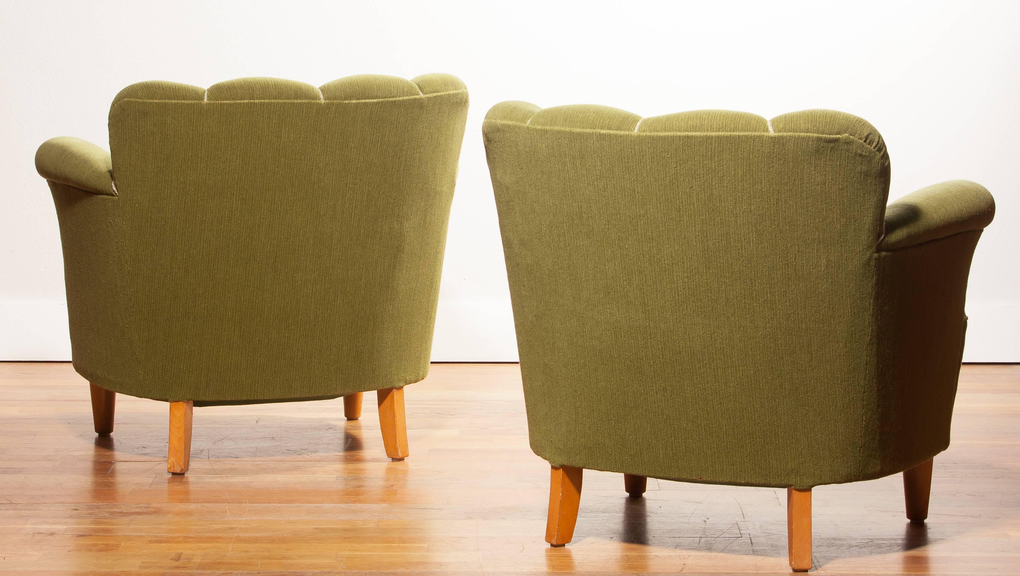 1940s, Swedish Set of Green Club Chairs 3