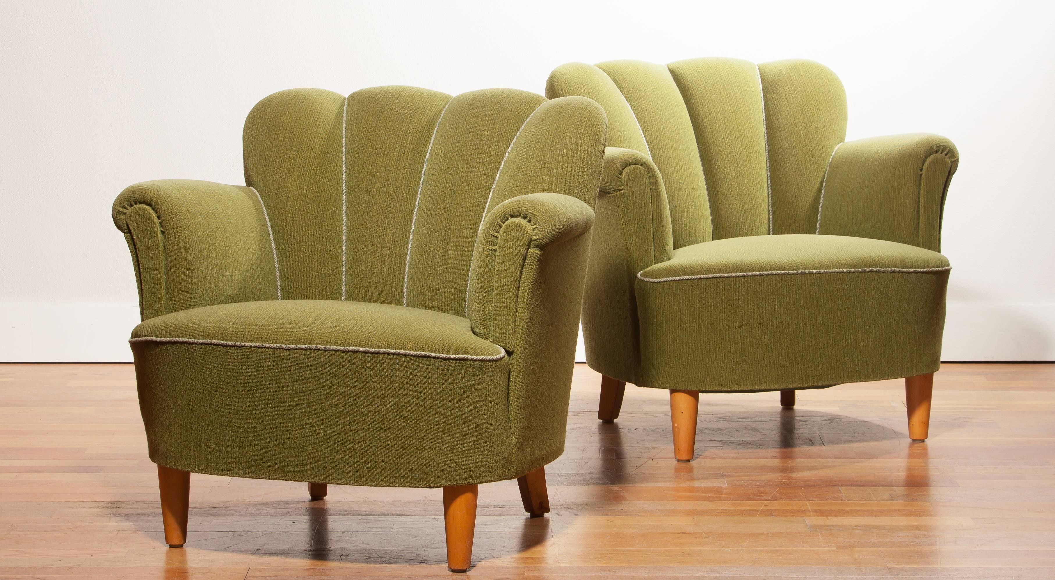 1940s, Swedish Set of Green Club Chairs 4