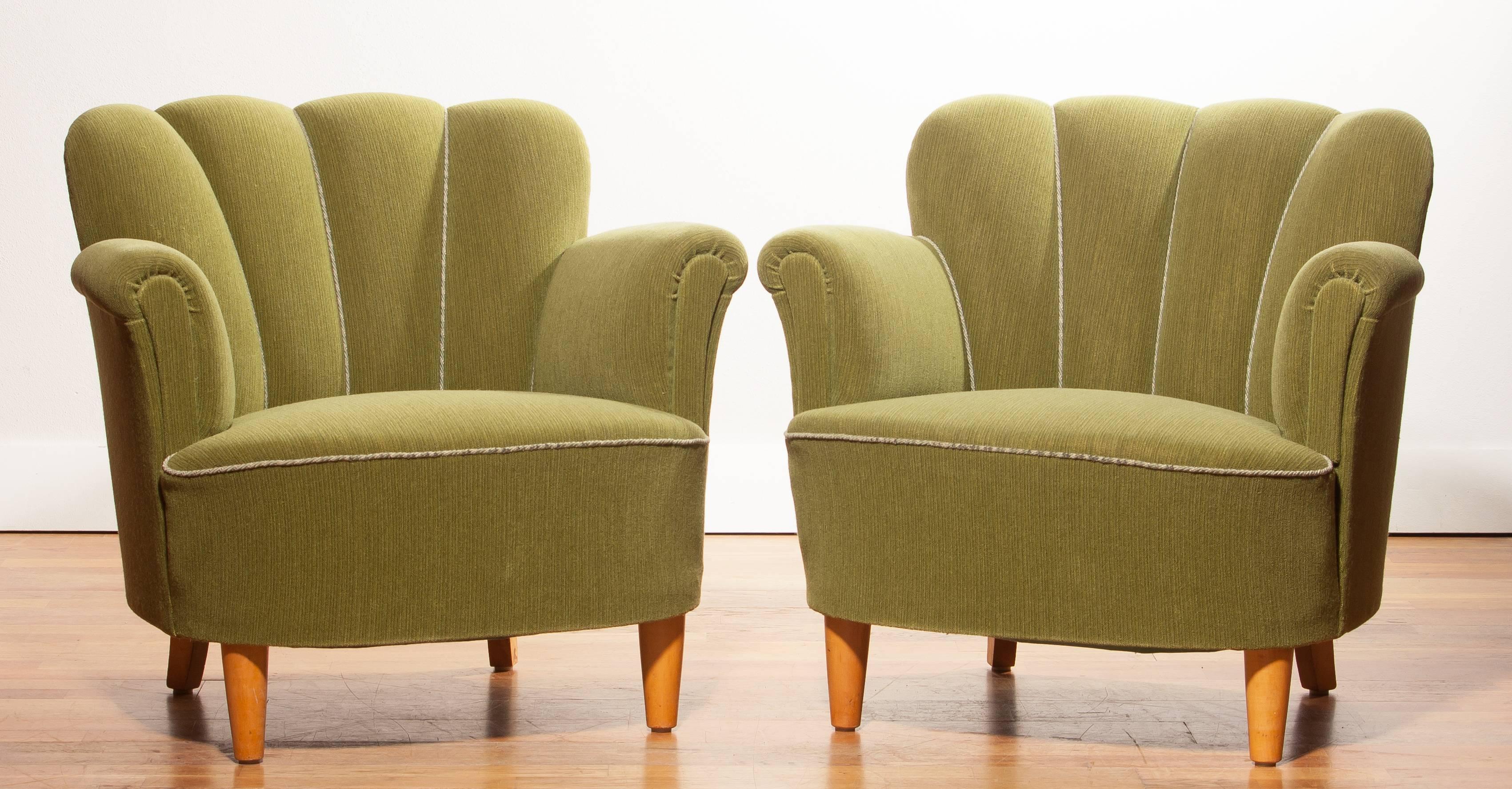 1940s, Swedish Set of Green Club Chairs 5