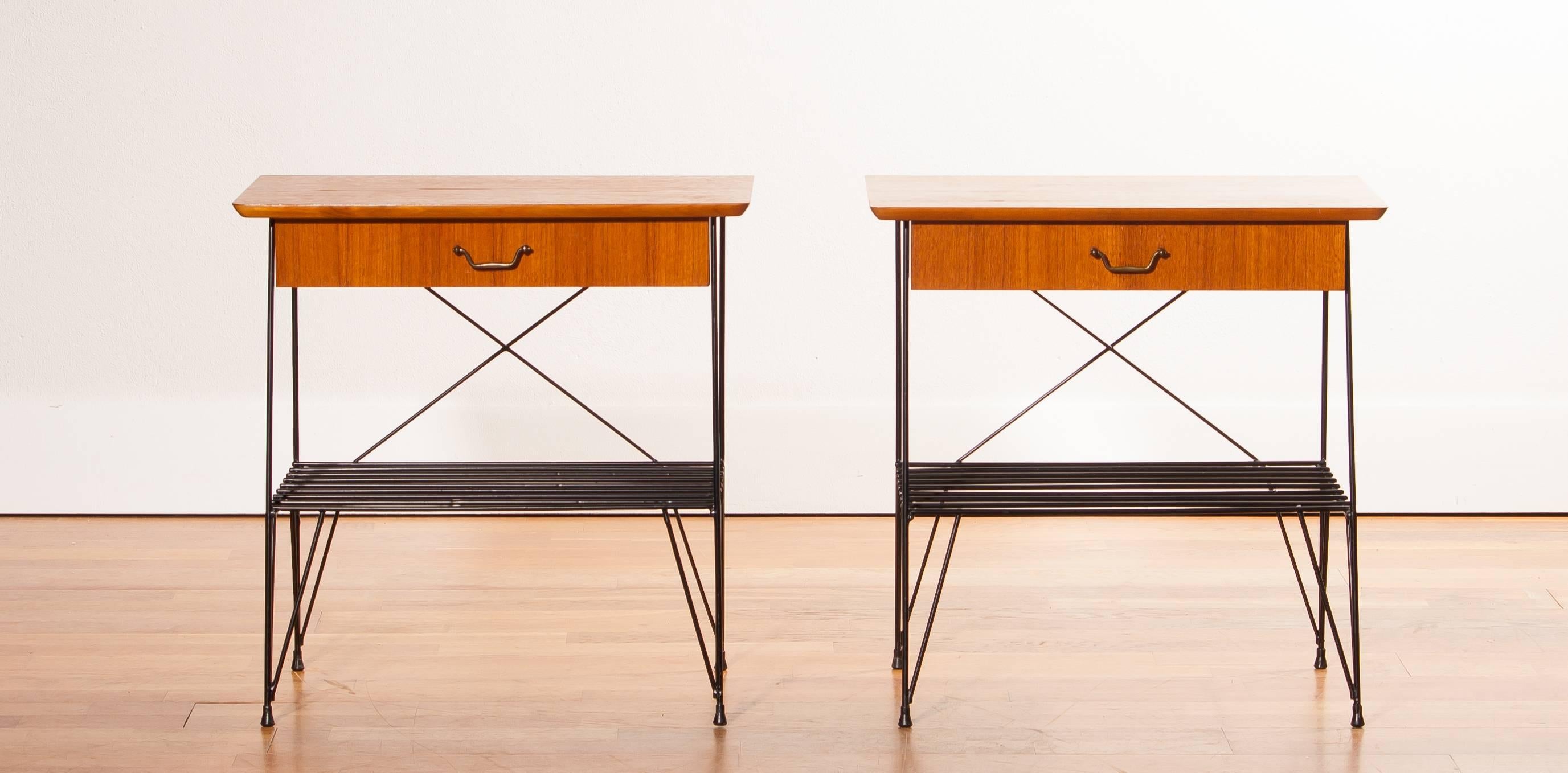 Swedish 1950s, A Set of Teak and Black Metal  Gullberg Style Nightstands Bedside Tables