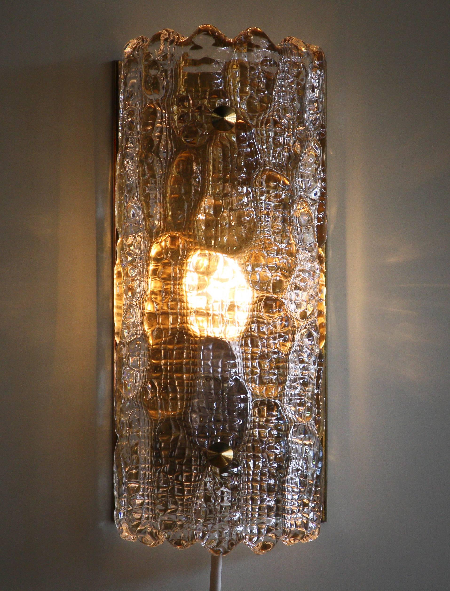 Swedish 1960s, Brass and Crystal Glass Wall Light by Carl Fagerlund for Orrefors