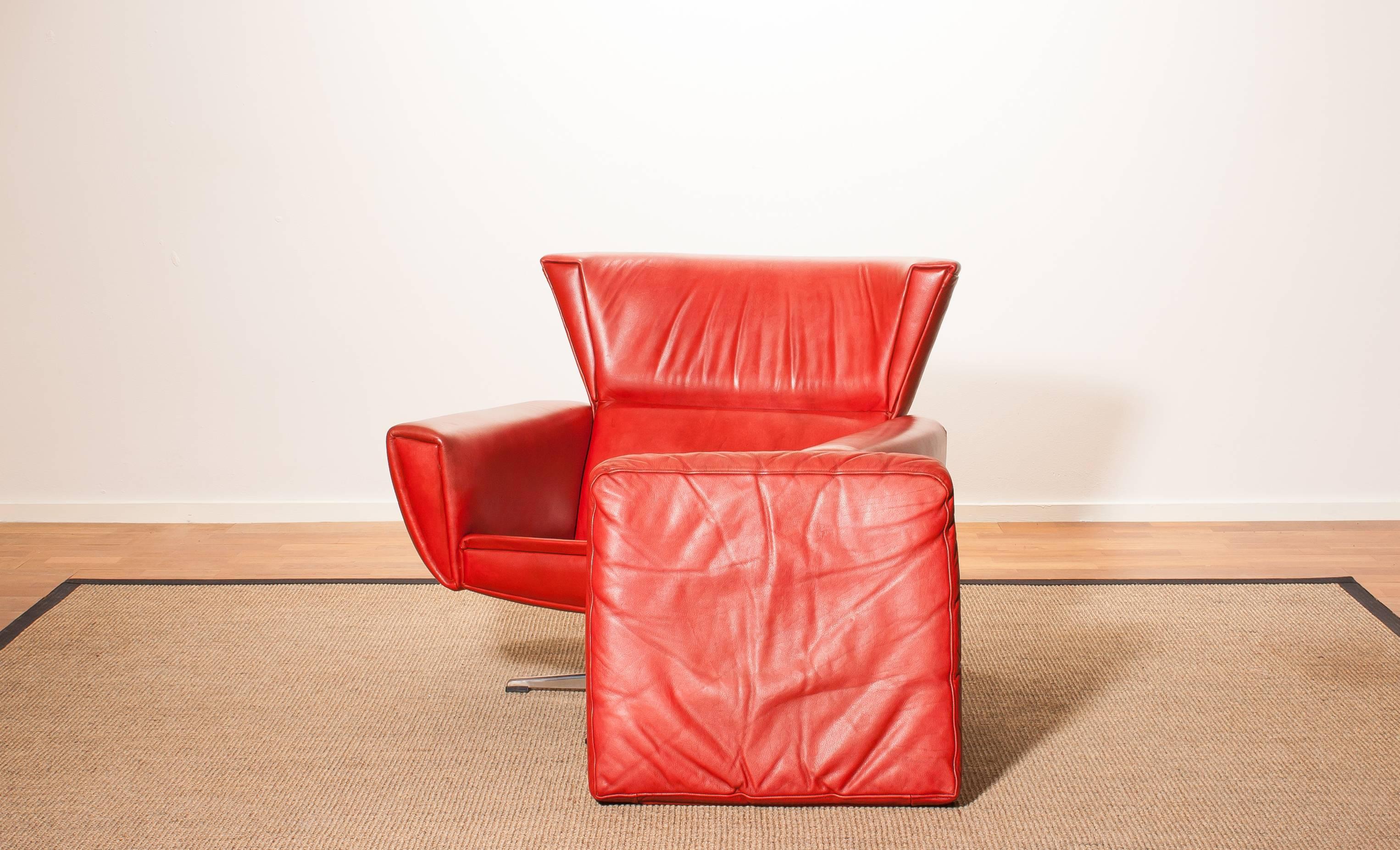 1970s, Red Leather Swivel Lounge Club Chair by Georg Thams, Denmark 1