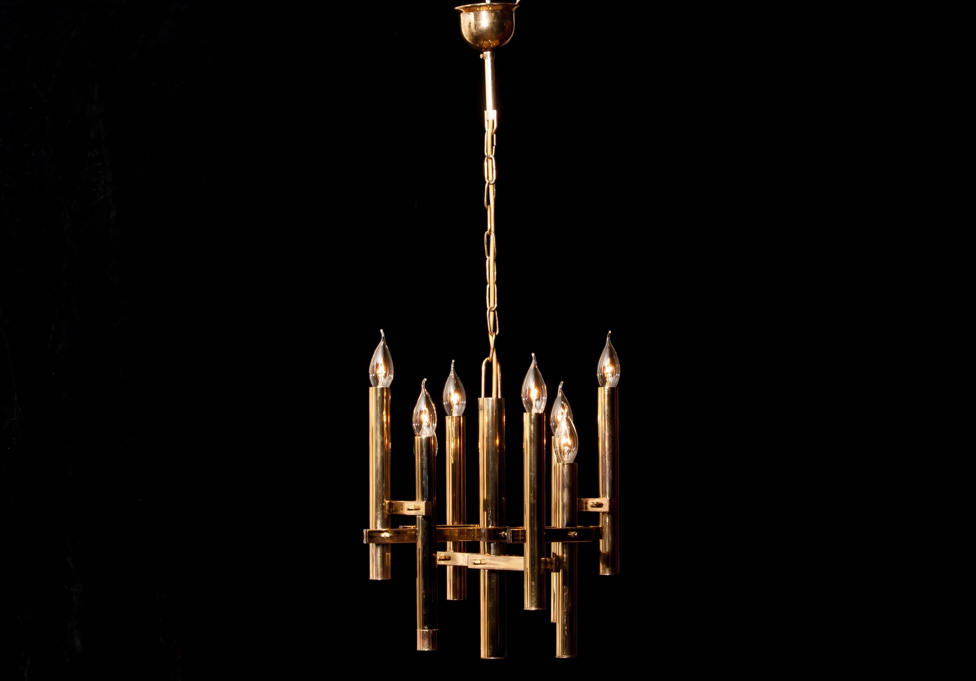 Italian 1960s, Brass Eight Lights Chandelier by Sciolari