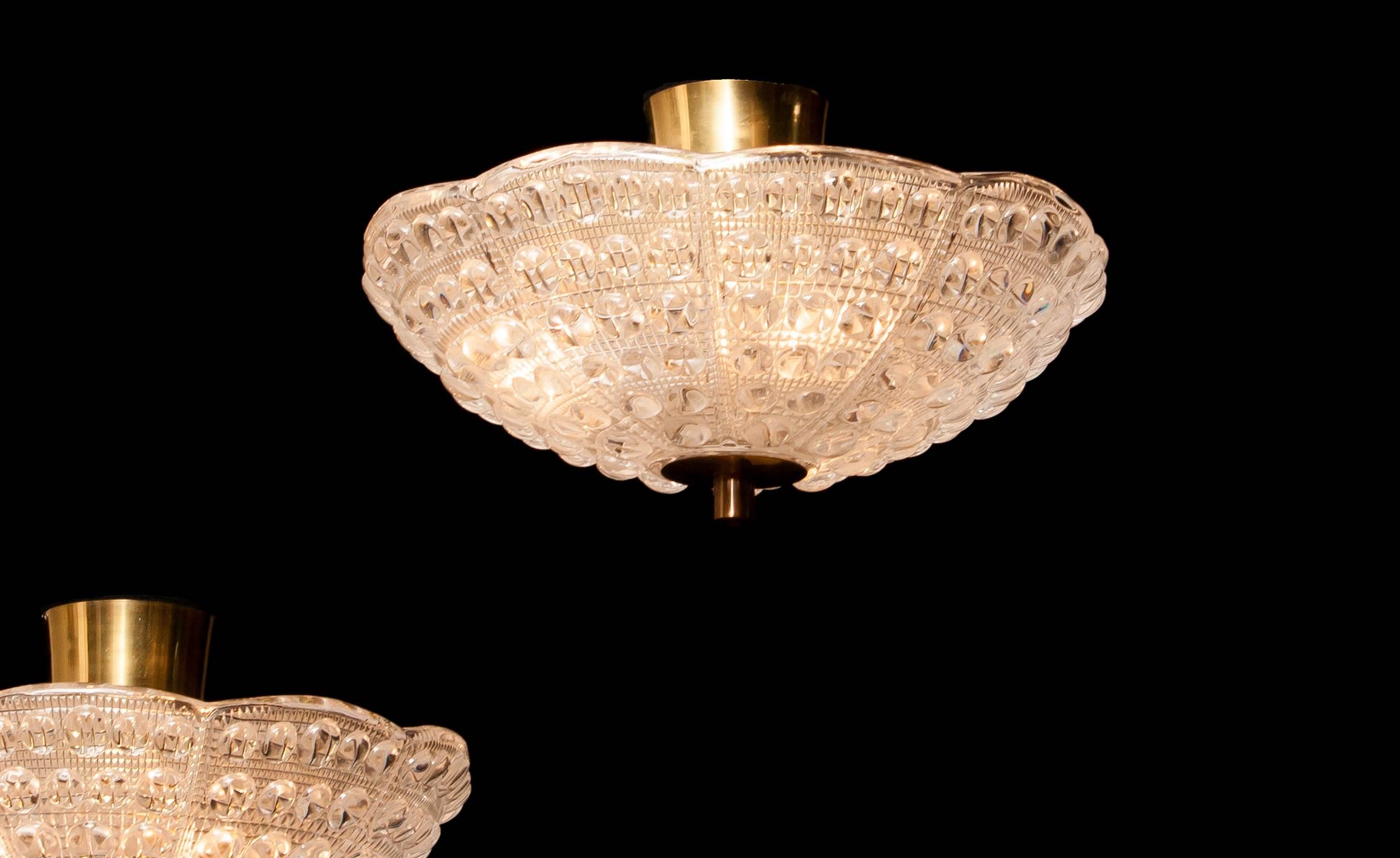Swedish 1960s, Crystal and Brass Ceiling Lights Pendants by Carl Fagerlund for Orrefors