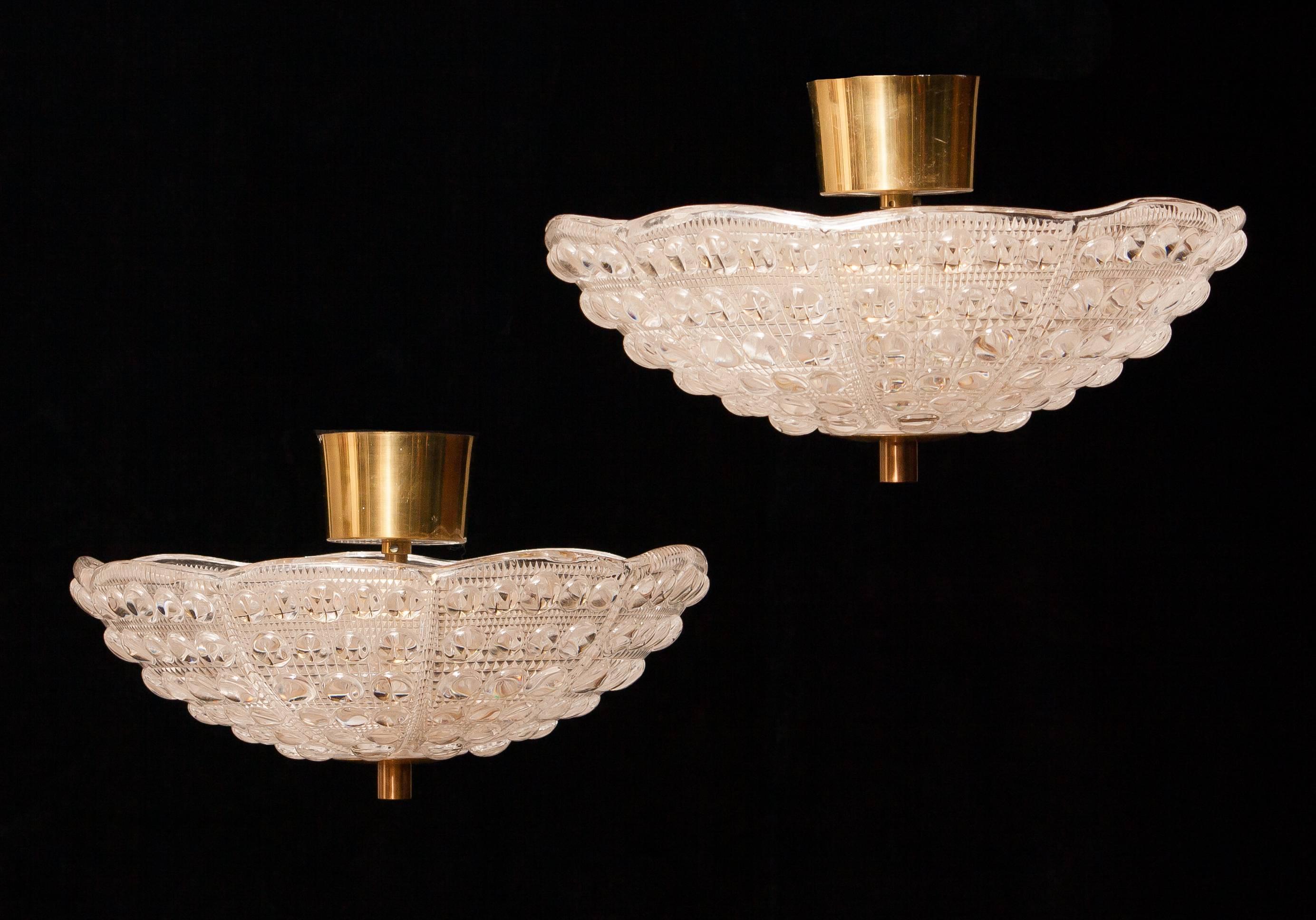 1960s, Crystal and Brass Ceiling Lights Pendants by Carl Fagerlund for Orrefors 2