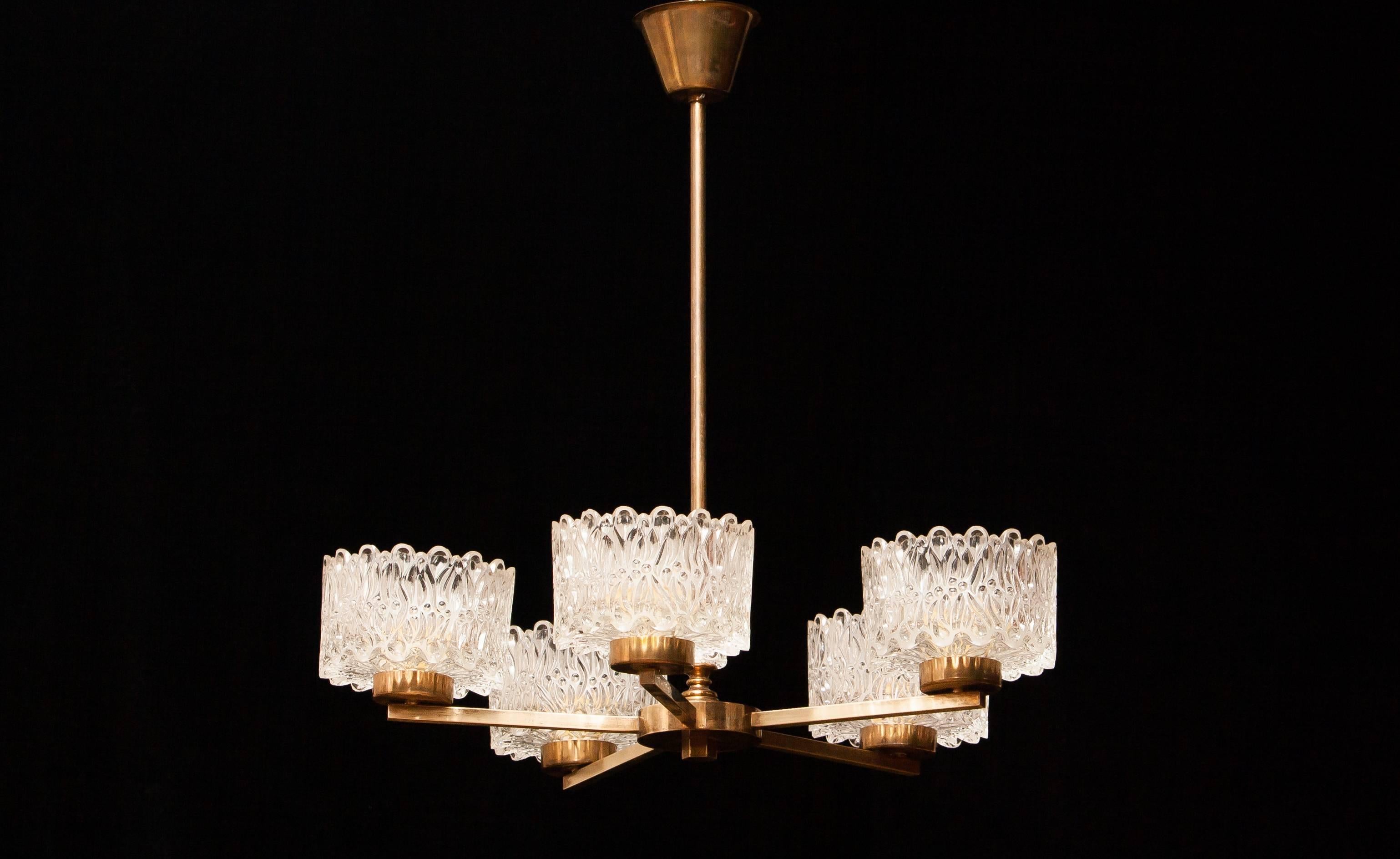 Mid-20th Century 1960s Crystal and Brass Chandelier by Carl Fagerlund for Orrefors
