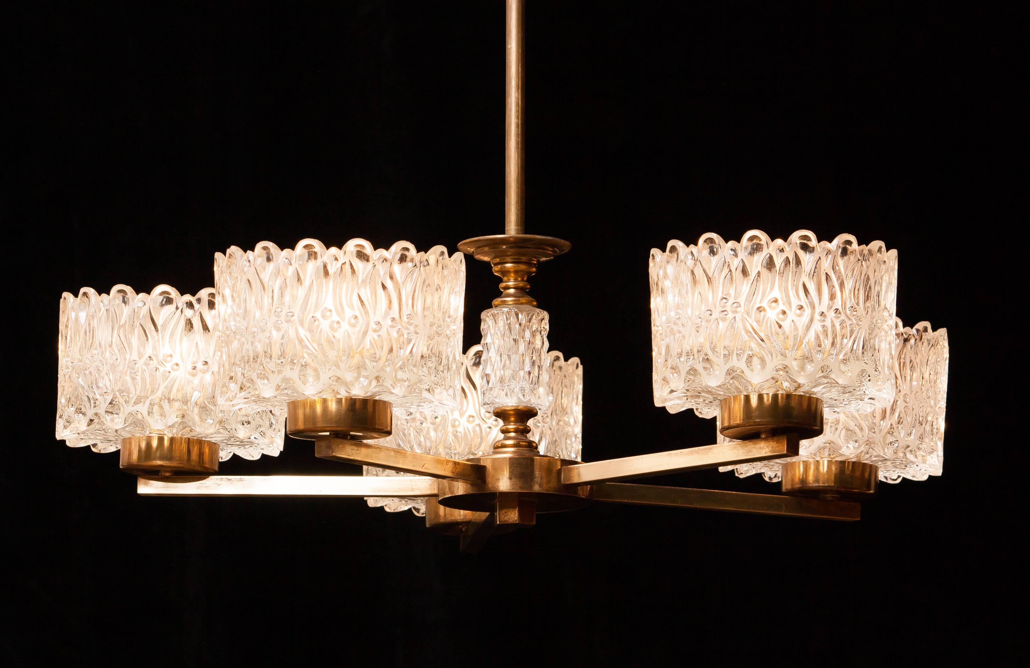 1960s Crystal and Brass Chandelier by Carl Fagerlund for Orrefors 1