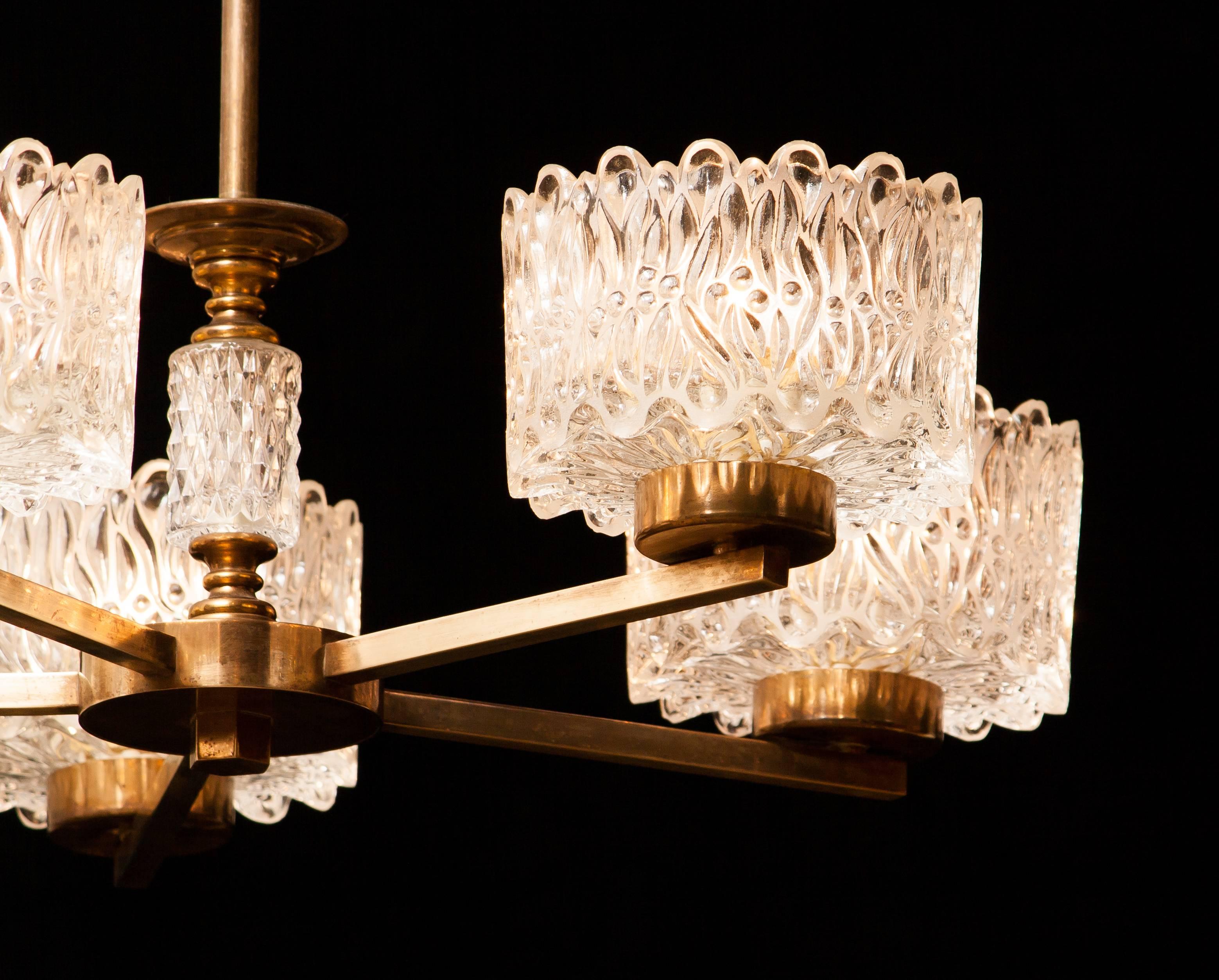 1960s Crystal and Brass Chandelier by Carl Fagerlund for Orrefors In Excellent Condition In Silvolde, Gelderland