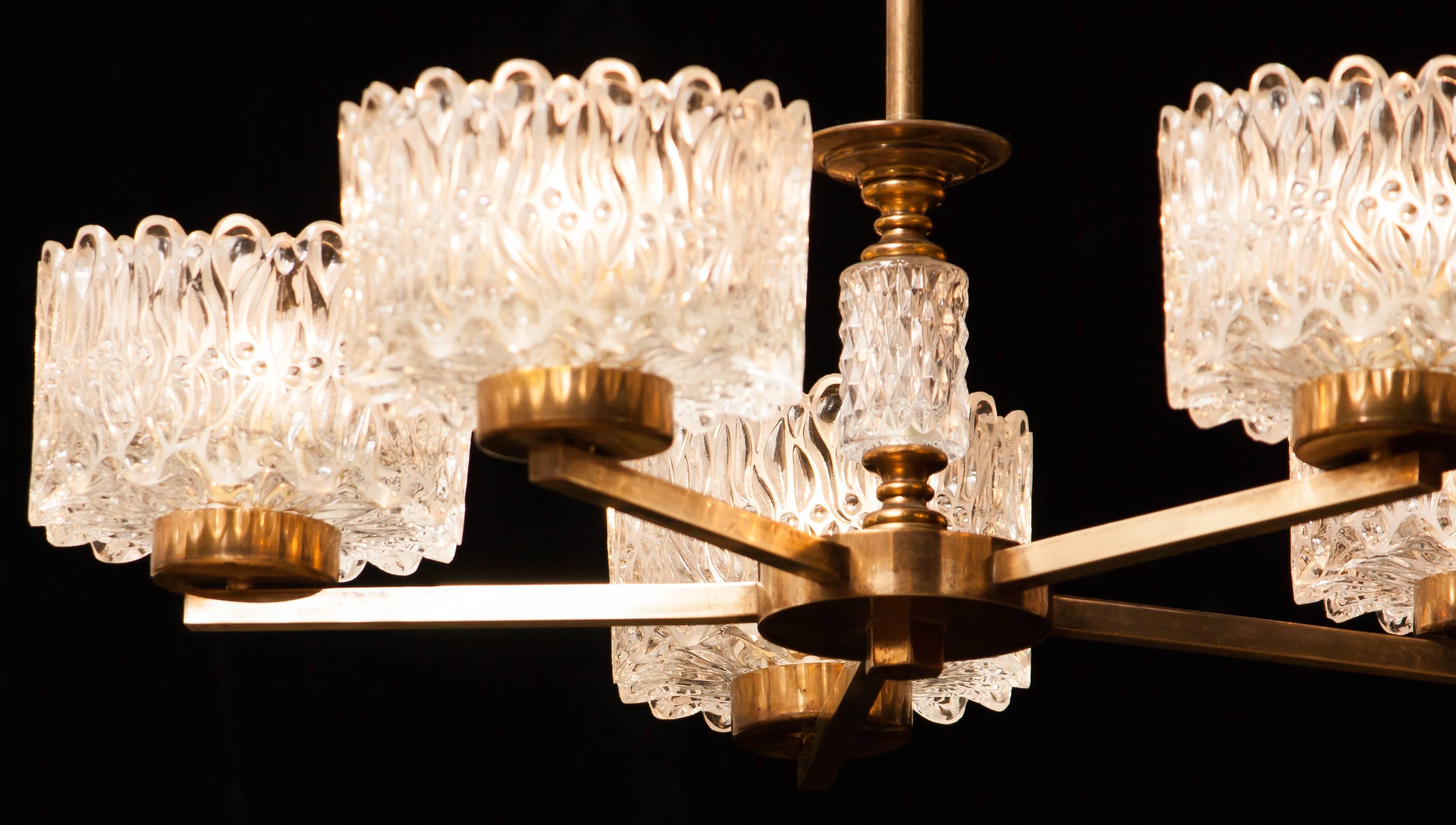 Swedish 1960s Crystal and Brass Chandelier by Carl Fagerlund for Orrefors