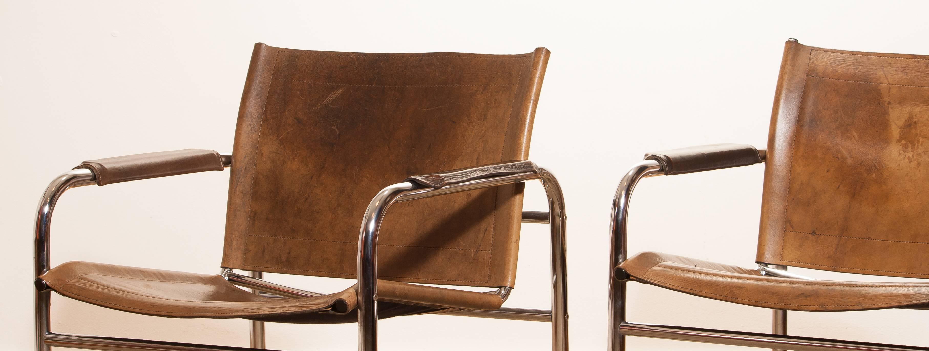 1960s , Two Leather and Tubular Steel Arm Chairs 'Klinte' by Tord Björklund In Excellent Condition In Silvolde, Gelderland