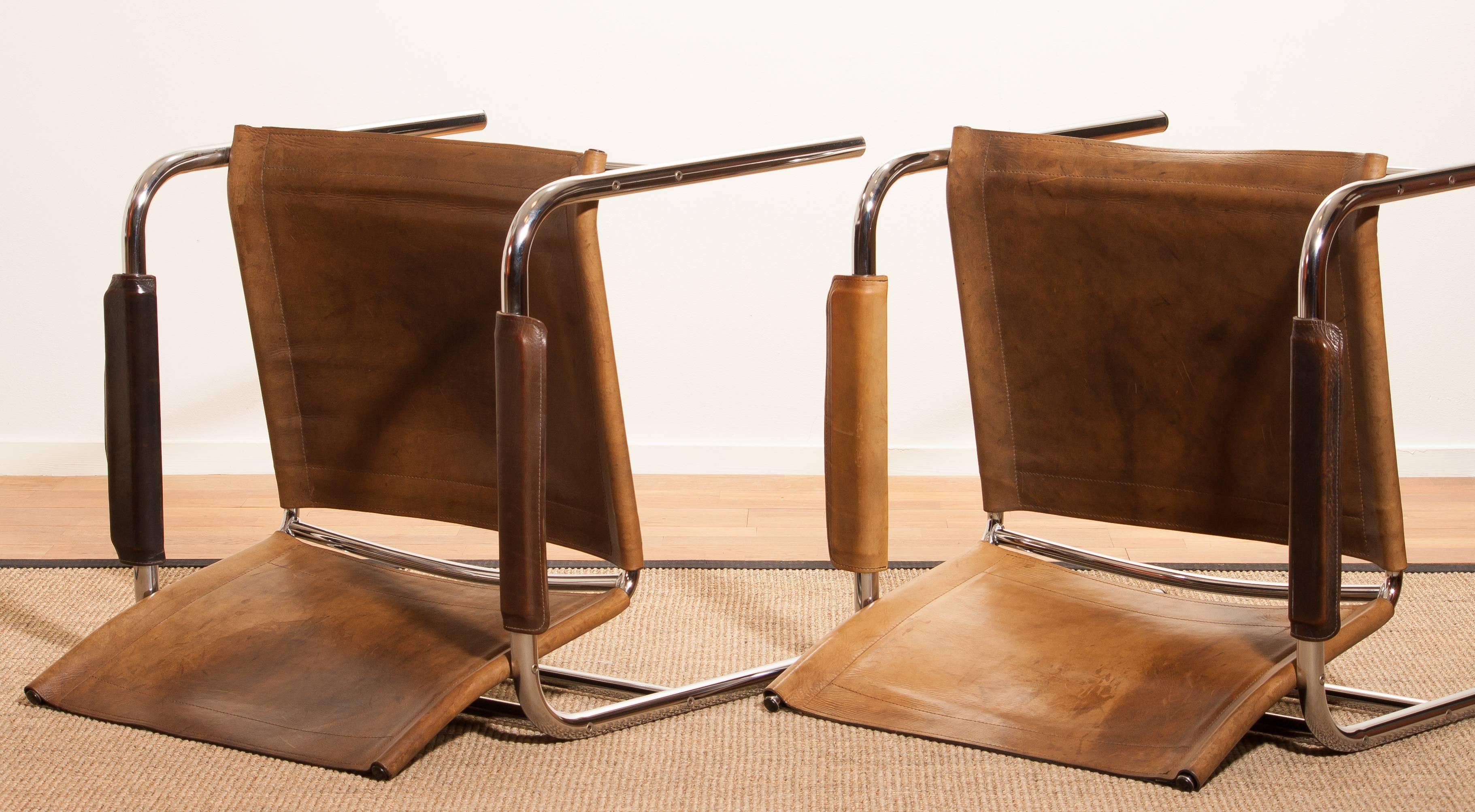1960s , Two Leather and Tubular Steel Arm Chairs 'Klinte' by Tord Björklund 2