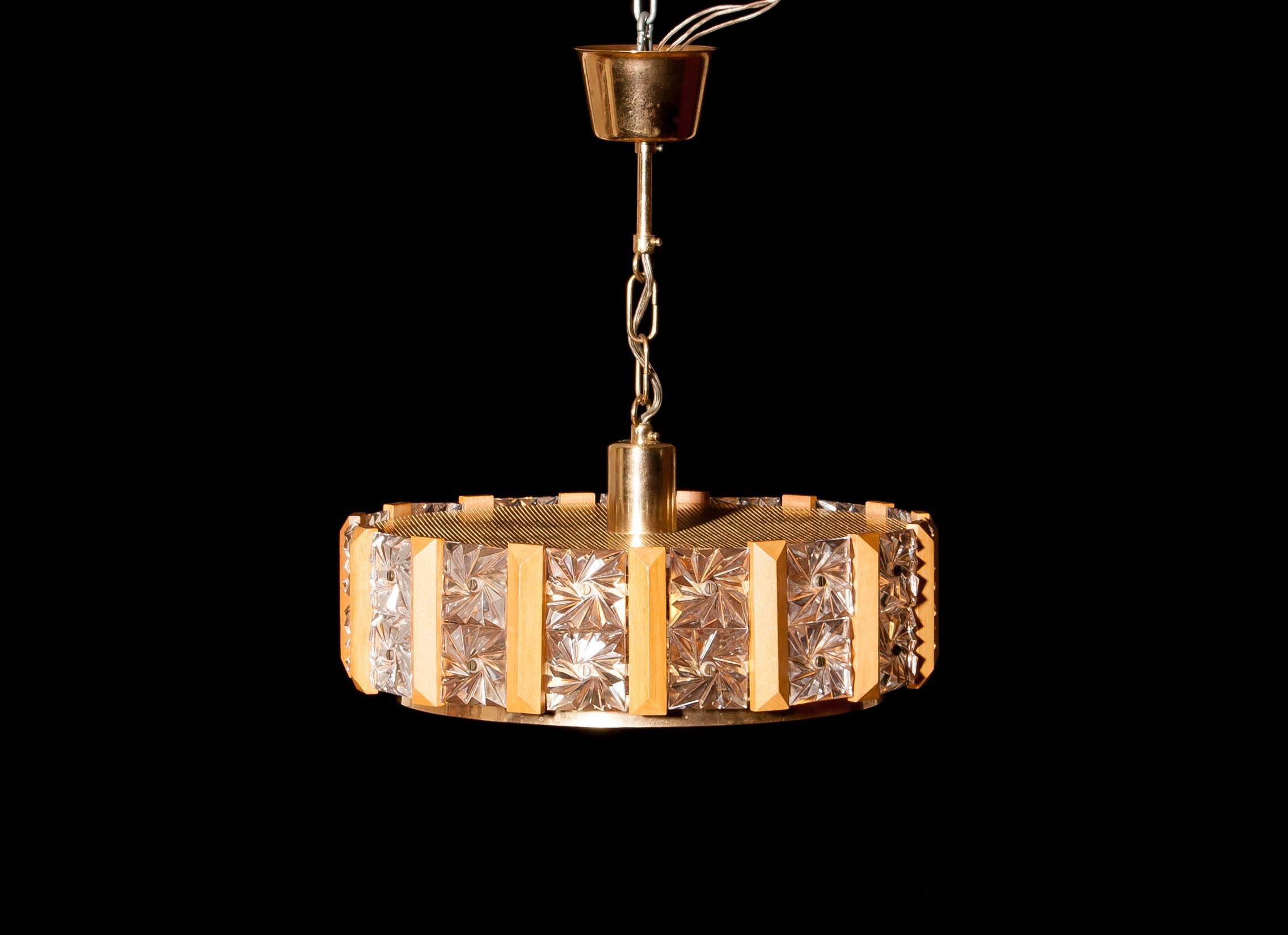 1960s, Crystal, Brass and Teak Pendant by Carl Fagerlund for Orrefors In Excellent Condition In Silvolde, Gelderland