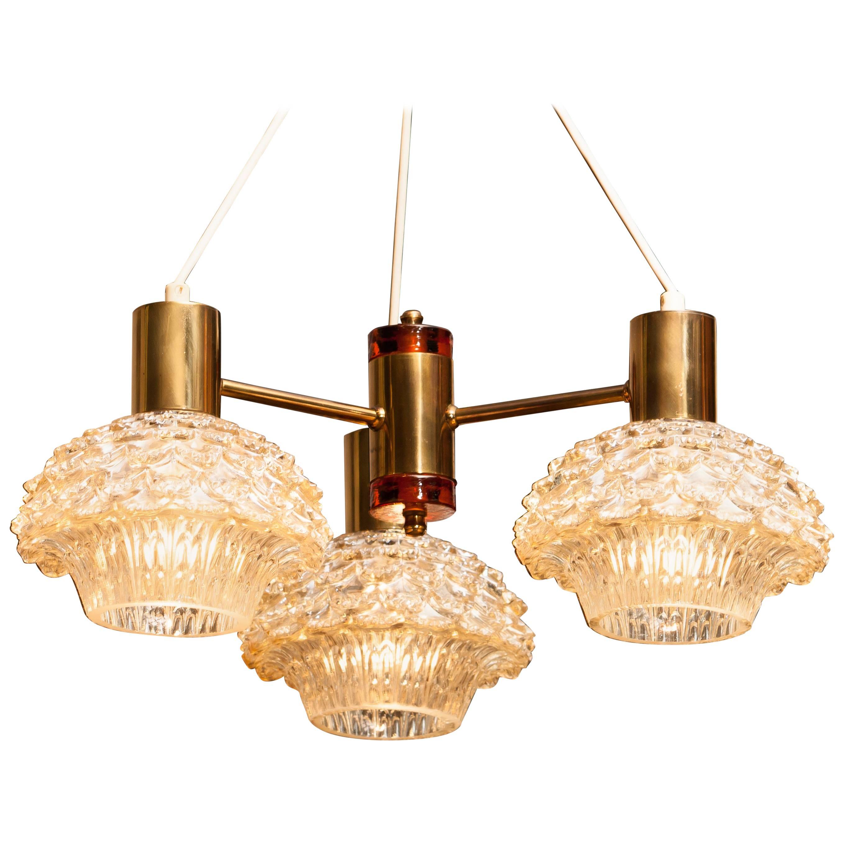 Swedish 1950s, Brass and Glass Chandelier by Carl Fagerlund for Orrefors