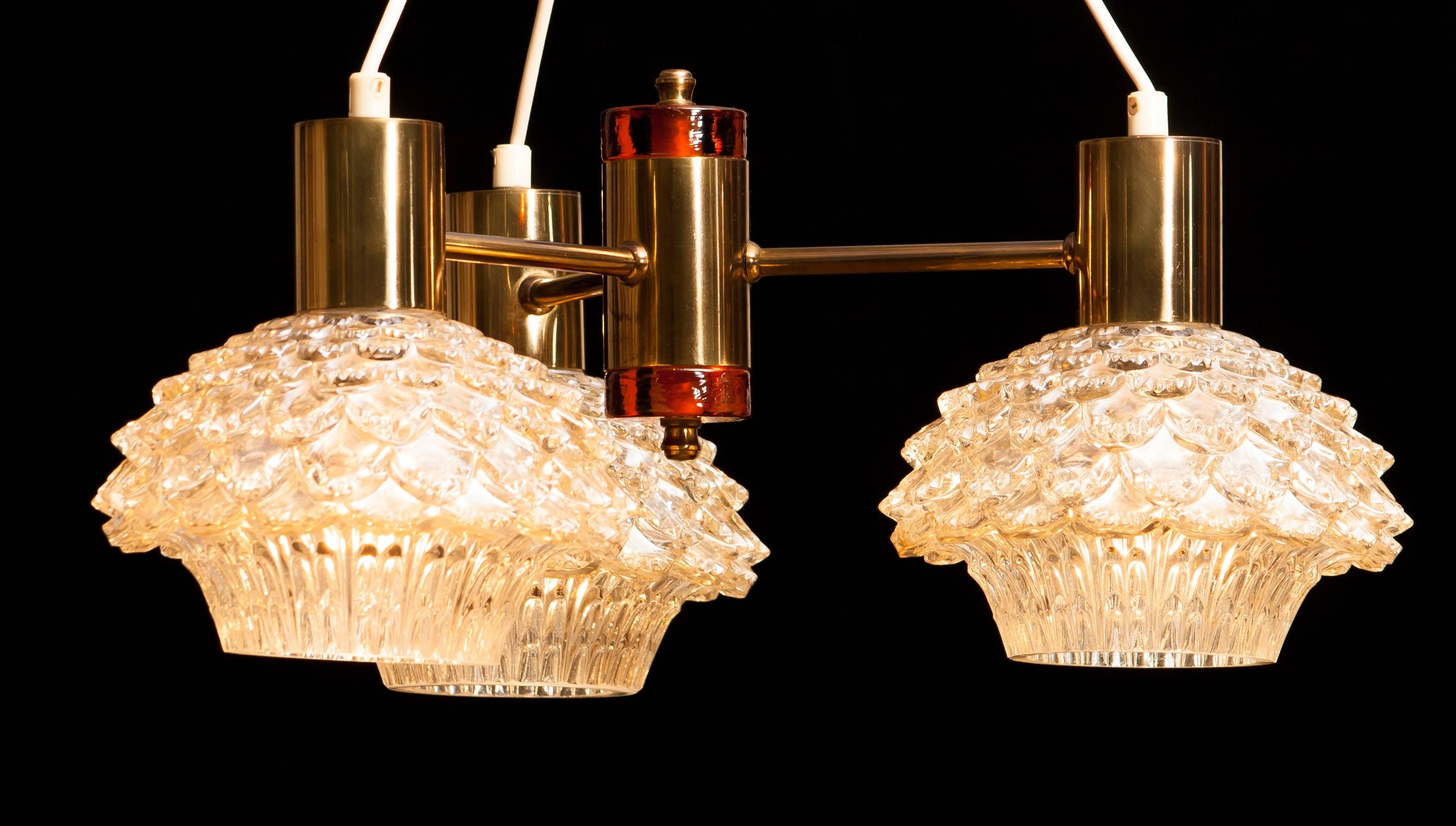 Mid-20th Century 1950s, Brass and Glass Chandelier by Carl Fagerlund for Orrefors