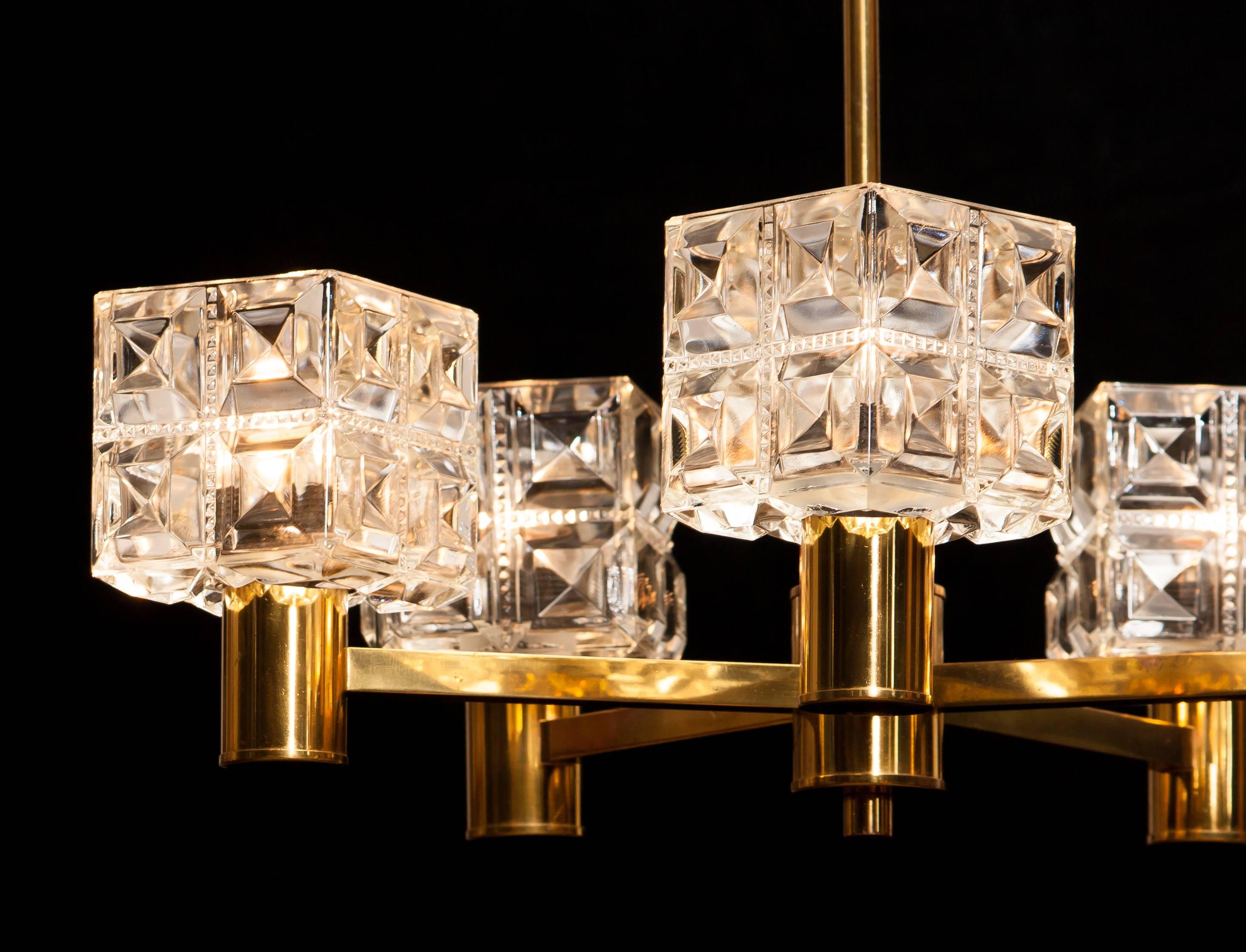 1950s, Brass and Glass Chandelier by Tyringe Konsthantverk, Sweden 2