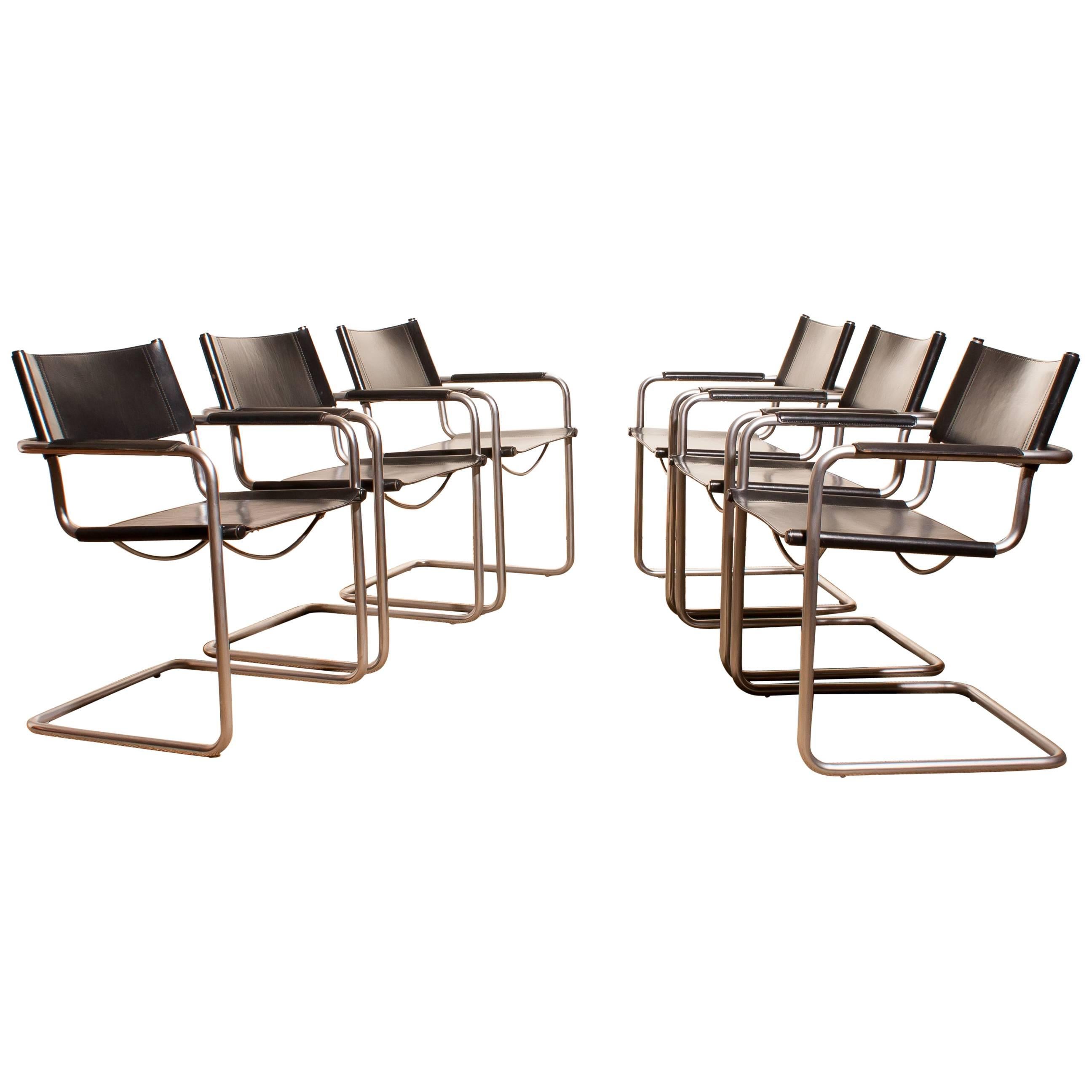 1970s, Set of Six Tubular Steel and Black Leather Dining Chairs by Matteo Grassi