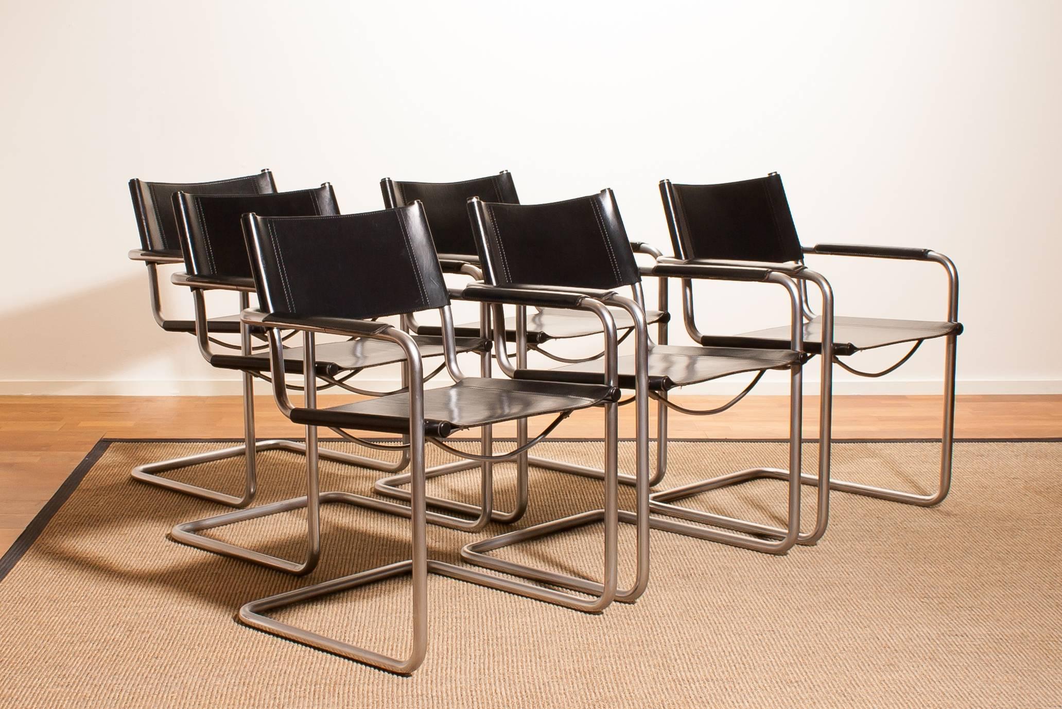 Italian 1970s, Set of Six Tubular Steel and Black Leather Dining Chairs by Matteo Grassi