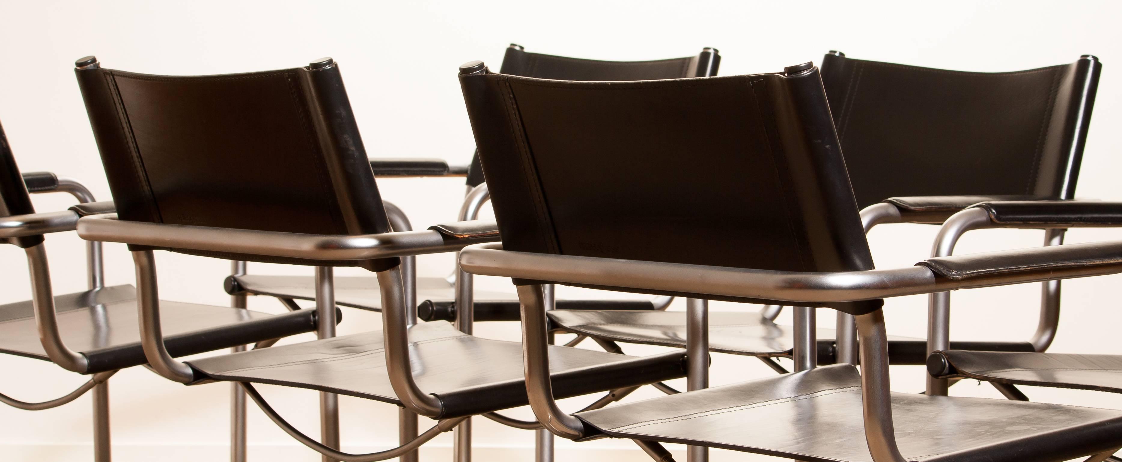 Late 20th Century 1970s, Set of Six Tubular Steel and Black Leather Dining Chairs by Matteo Grassi