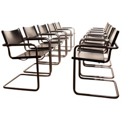 1970s, Set of Ten Tubular Steel and Leather Dining Chairs by Matteo Grassi