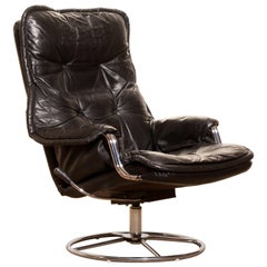 Black Leather Swivel Chrome Steel Lounge Chair, Sweden, 1970s