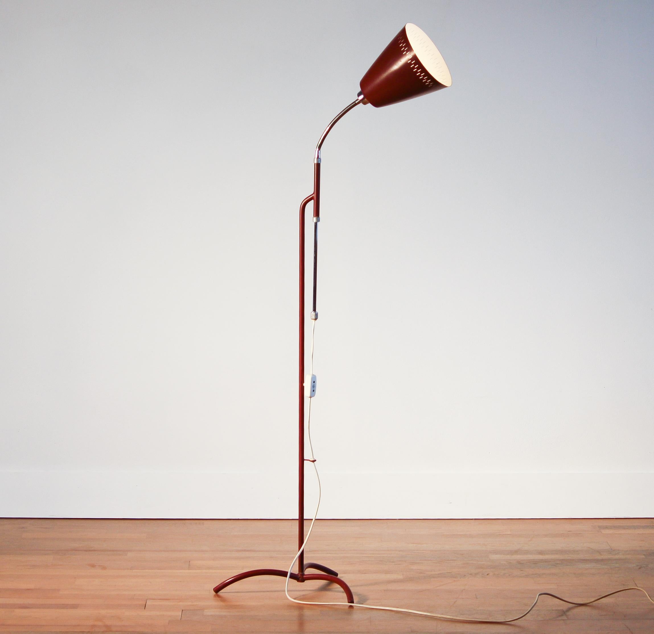 Swedish 1950s, Metal and Brass Red Floor Lamp by Hans Bergström