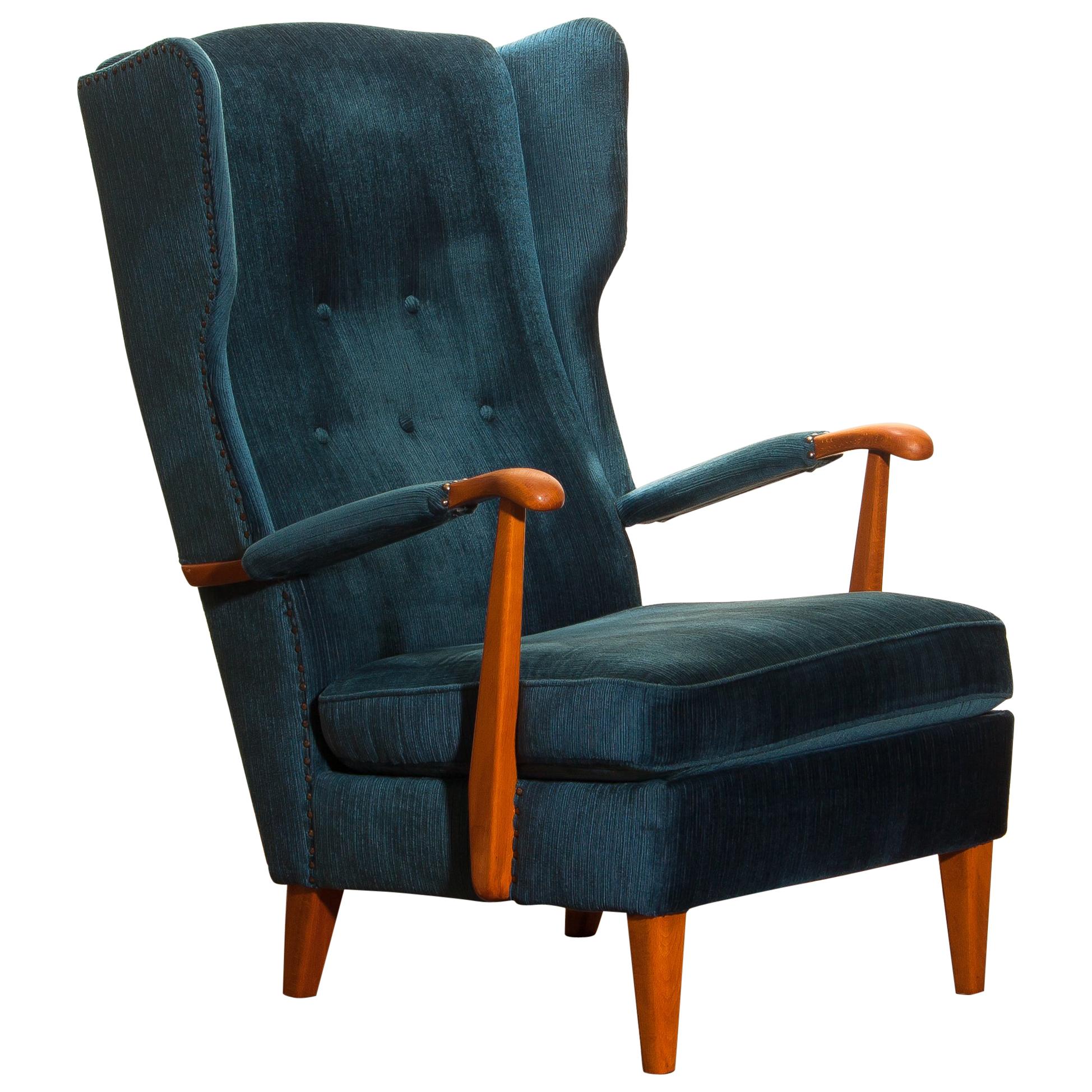 Knolls Moderna Lounge or Wingback Chair in Petrol Rib Velours, 1950s, Sweden