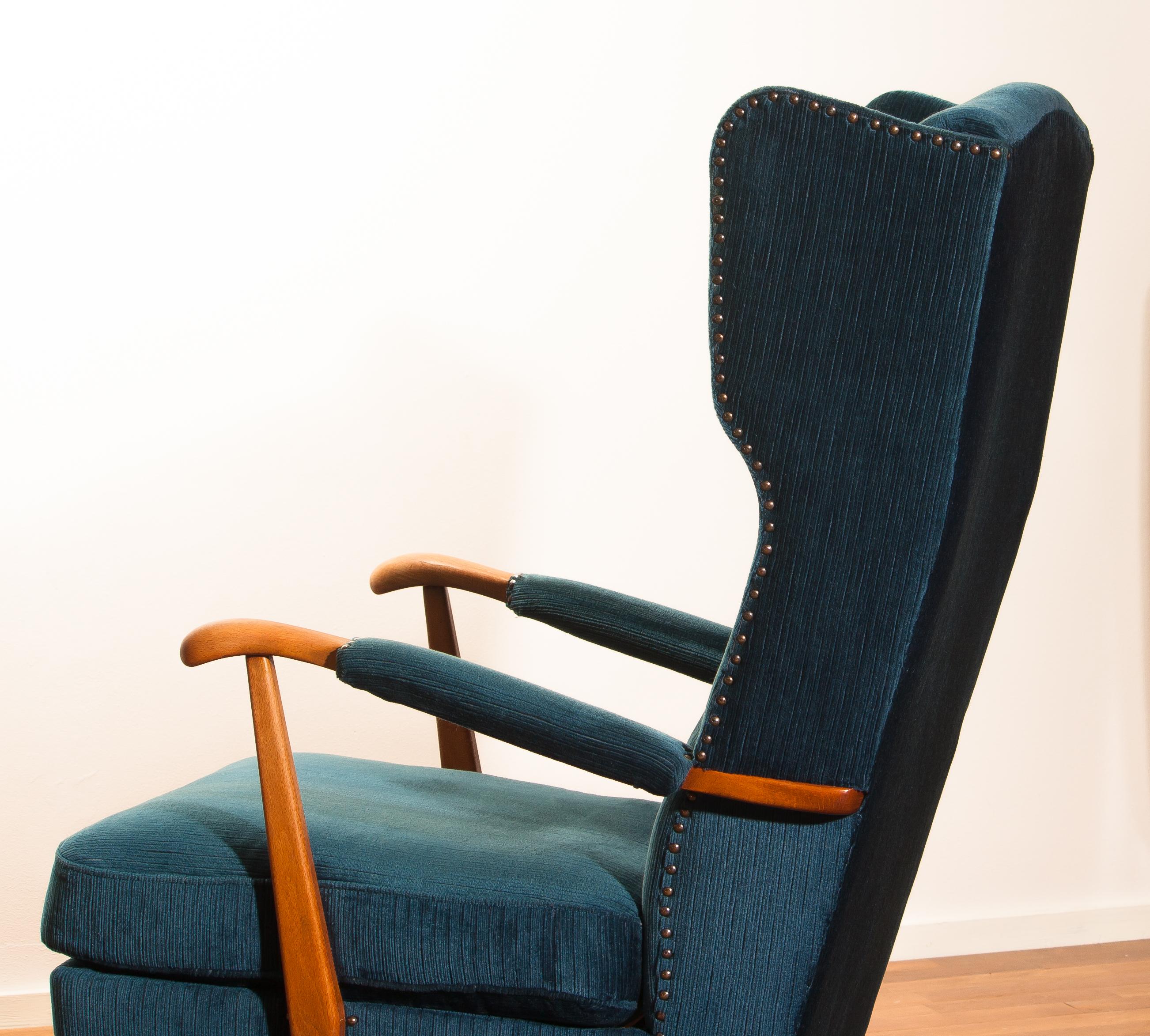 Mid-20th Century Knolls Moderna Lounge or Wingback Chair in Petrol Rib Velours, 1950s, Sweden