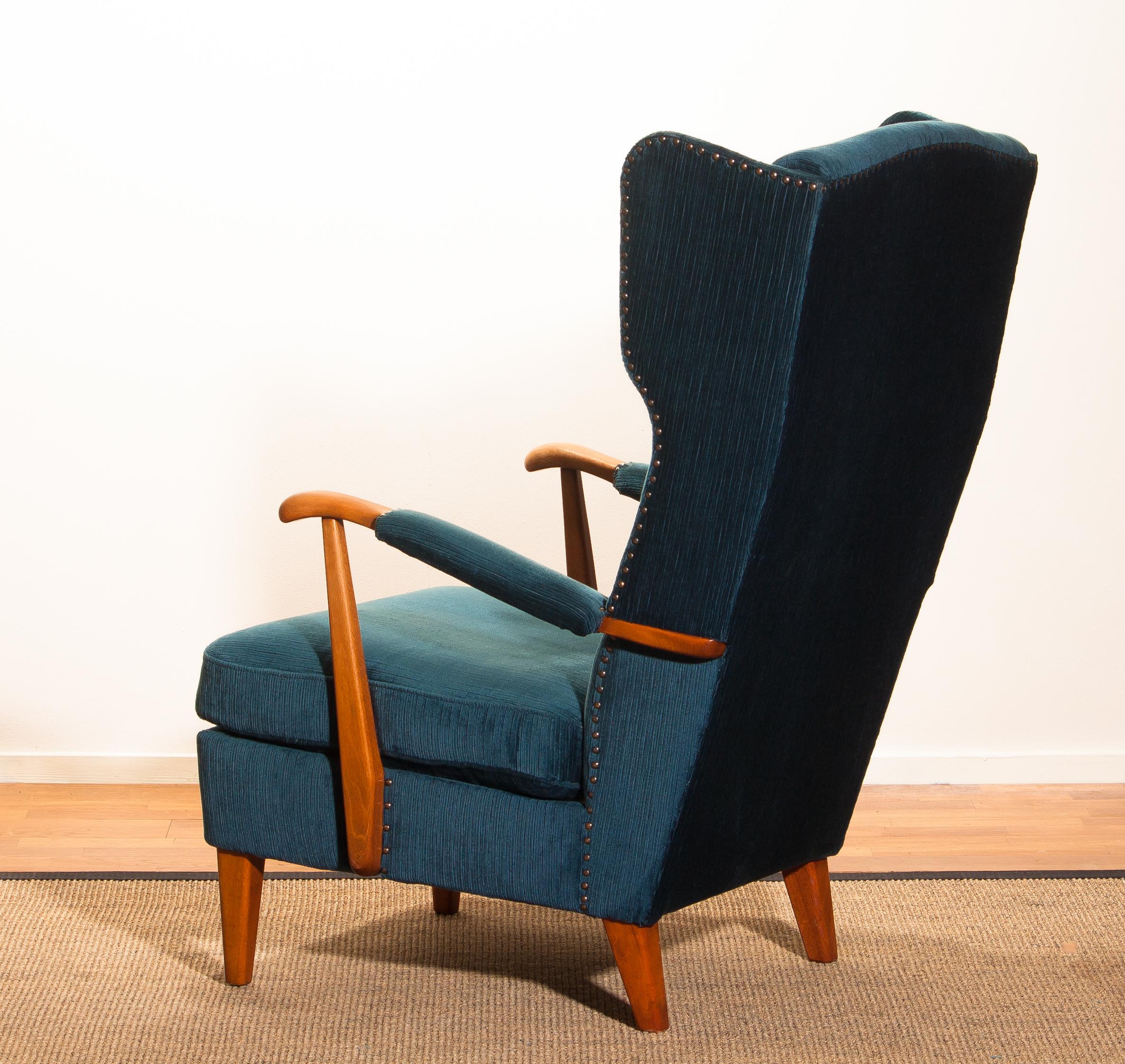 Knolls Moderna Lounge or Wingback Chair in Petrol Rib Velours, 1950s, Sweden 1