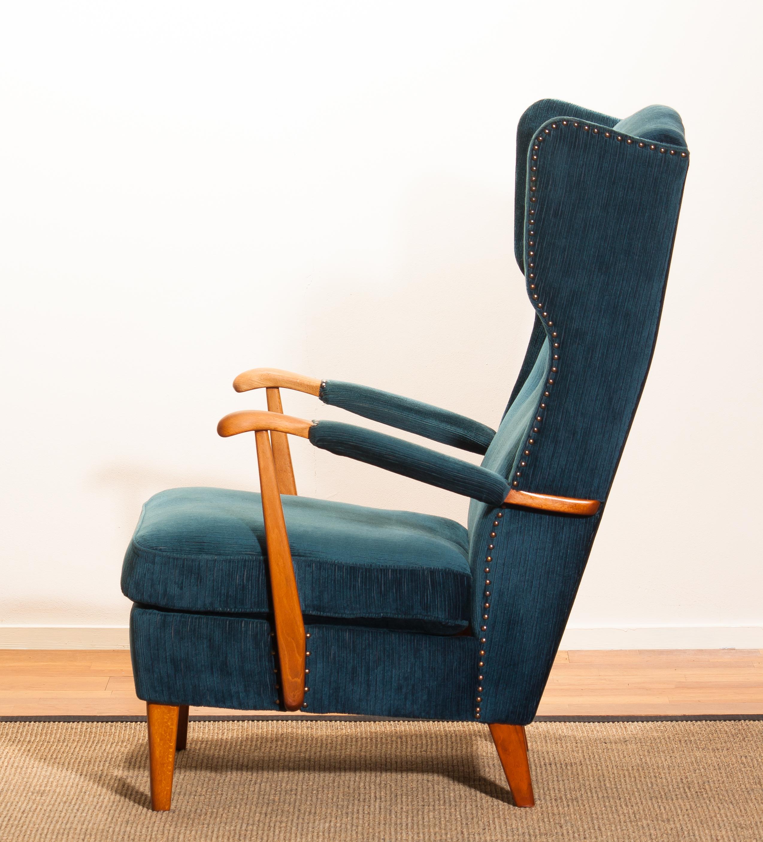 Knolls Moderna Lounge or Wingback Chair in Petrol Rib Velours, 1950s, Sweden 1