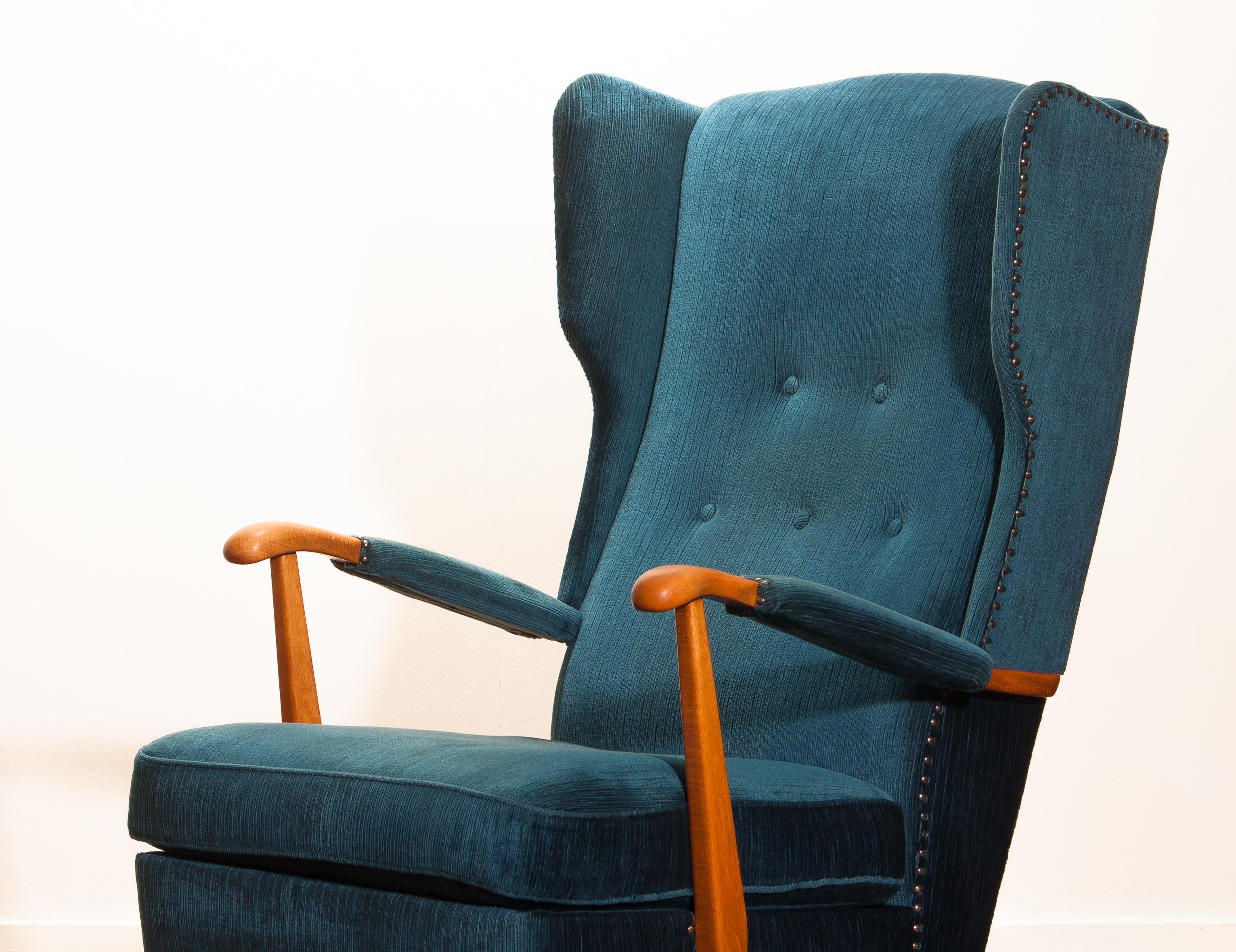 Knolls Moderna Lounge or Wingback Chair in Petrol Rib Velours, 1950s, Sweden 3
