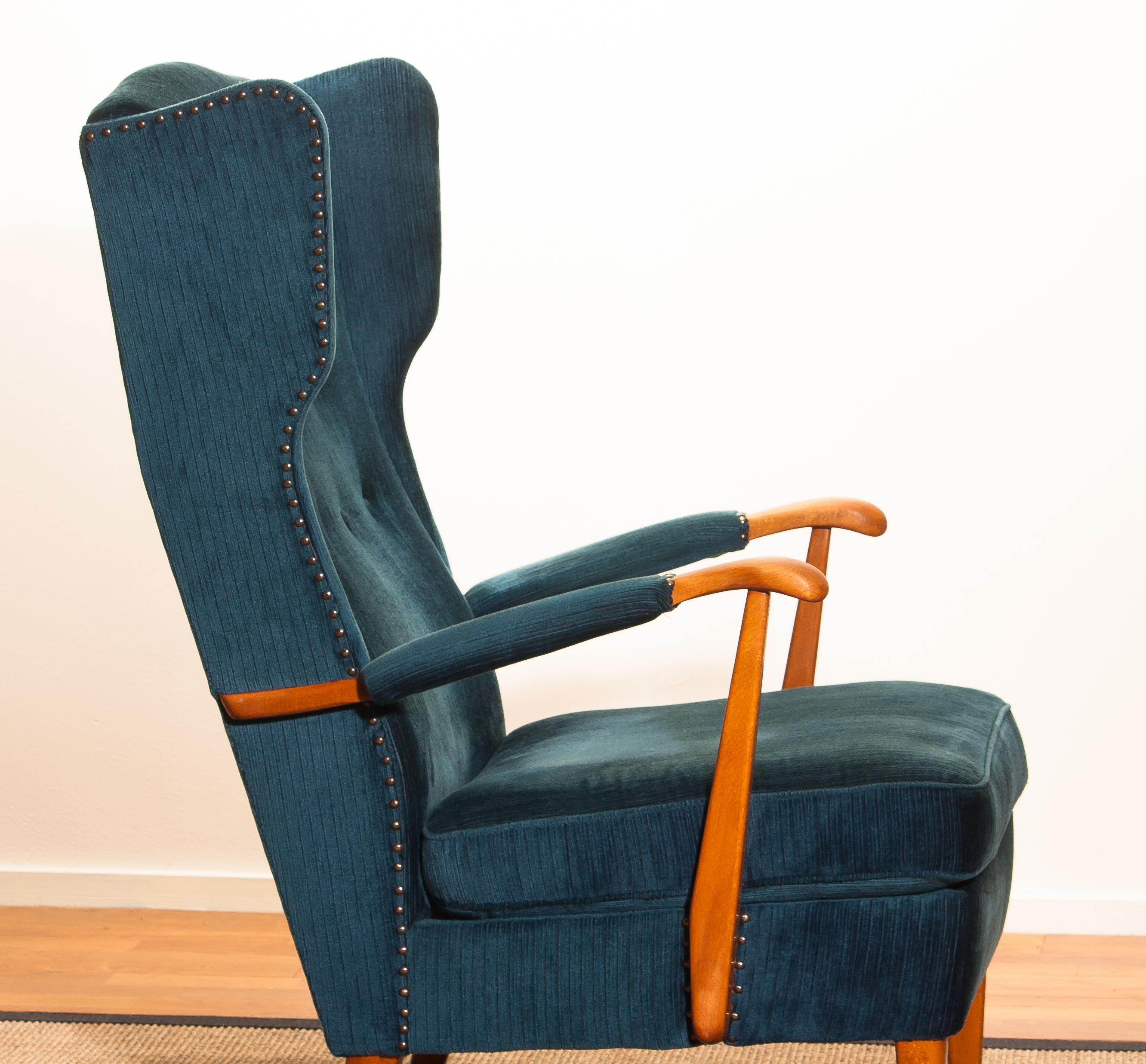 Knolls Moderna Lounge or Wingback Chair in Petrol Rib Velours, 1950s, Sweden 4