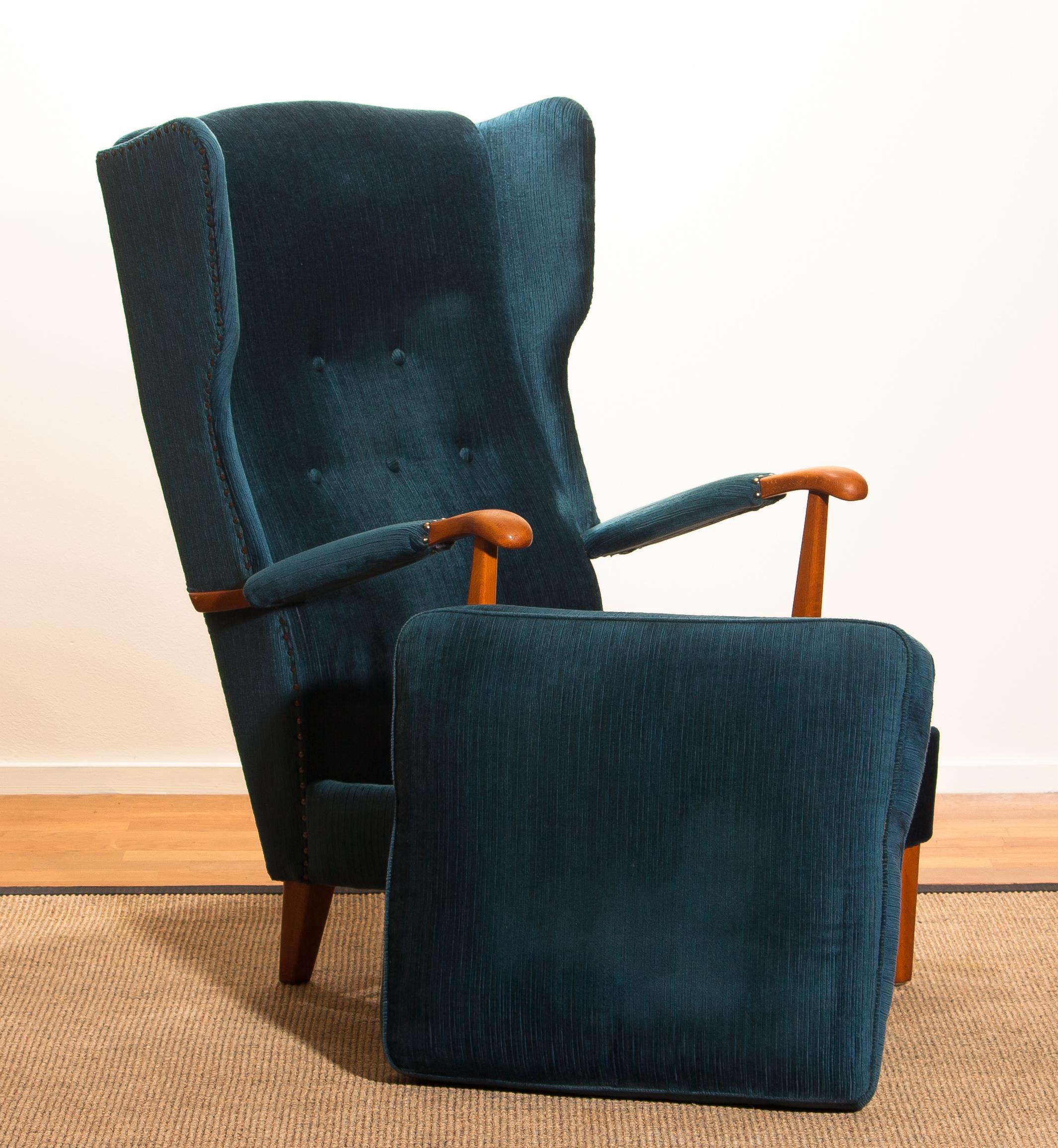 Knolls Moderna Lounge or Wingback Chair in Petrol Rib Velours, 1950s, Sweden 5