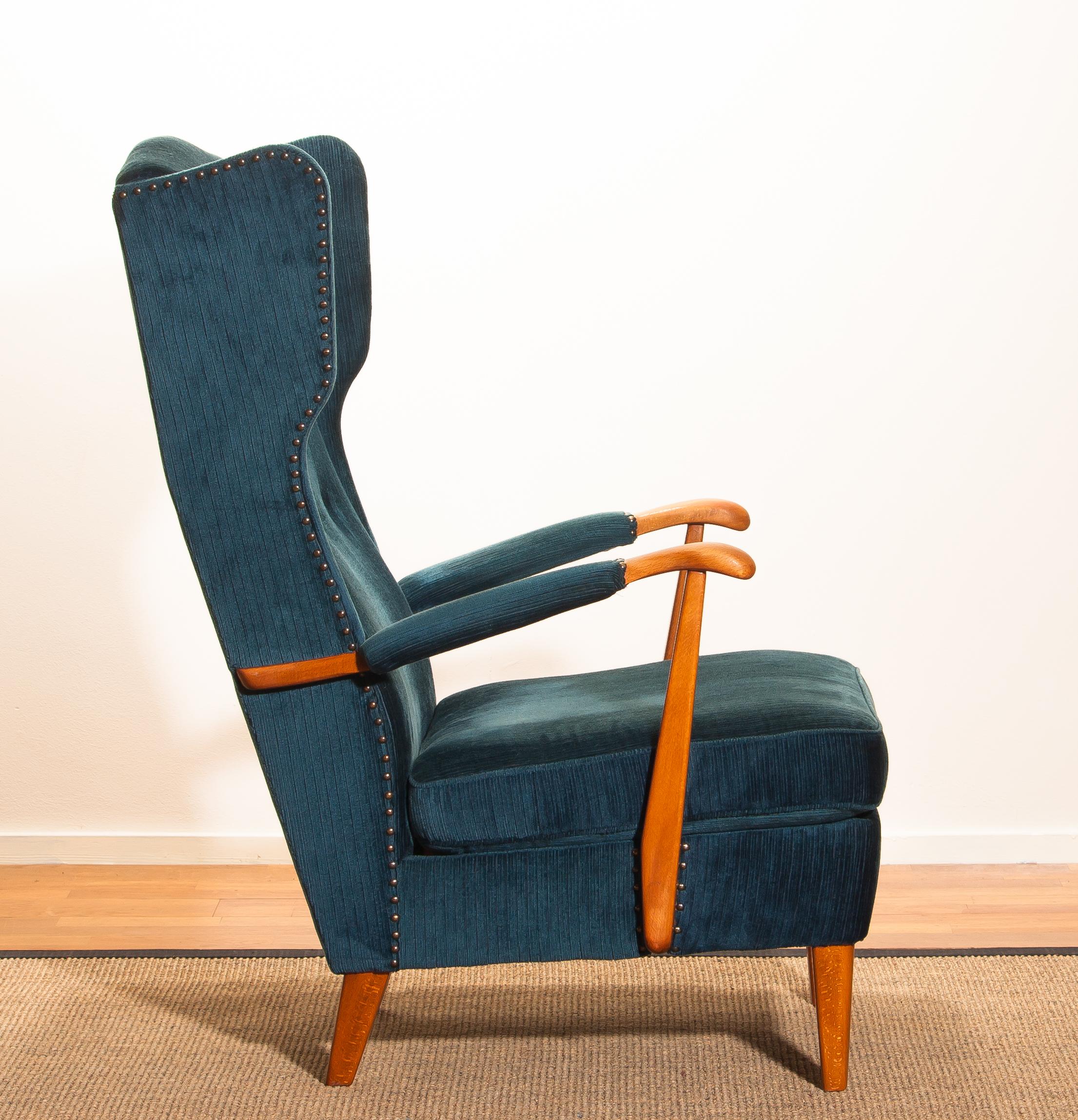 Knolls Moderna Lounge or Wingback Chair in Petrol Rib Velours, 1950s, Sweden 6