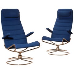1980s, Chrome Set of Two Royal Blue 'Minister' Swivel Chairs by Bruno Mathsson